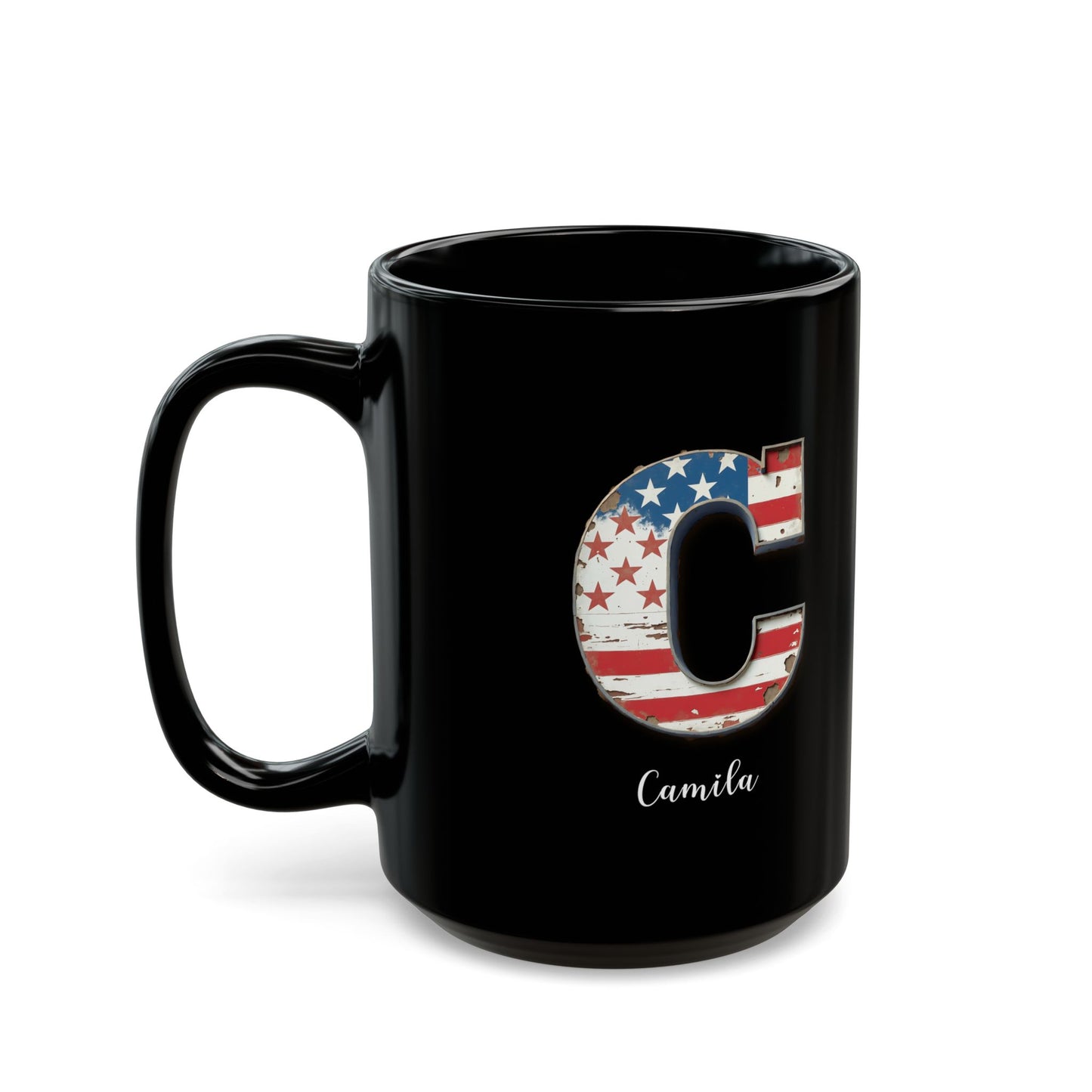 Mug - Patriotic American Flag Letter C with Kevin Name - Vintage Red, White, and Blue Design