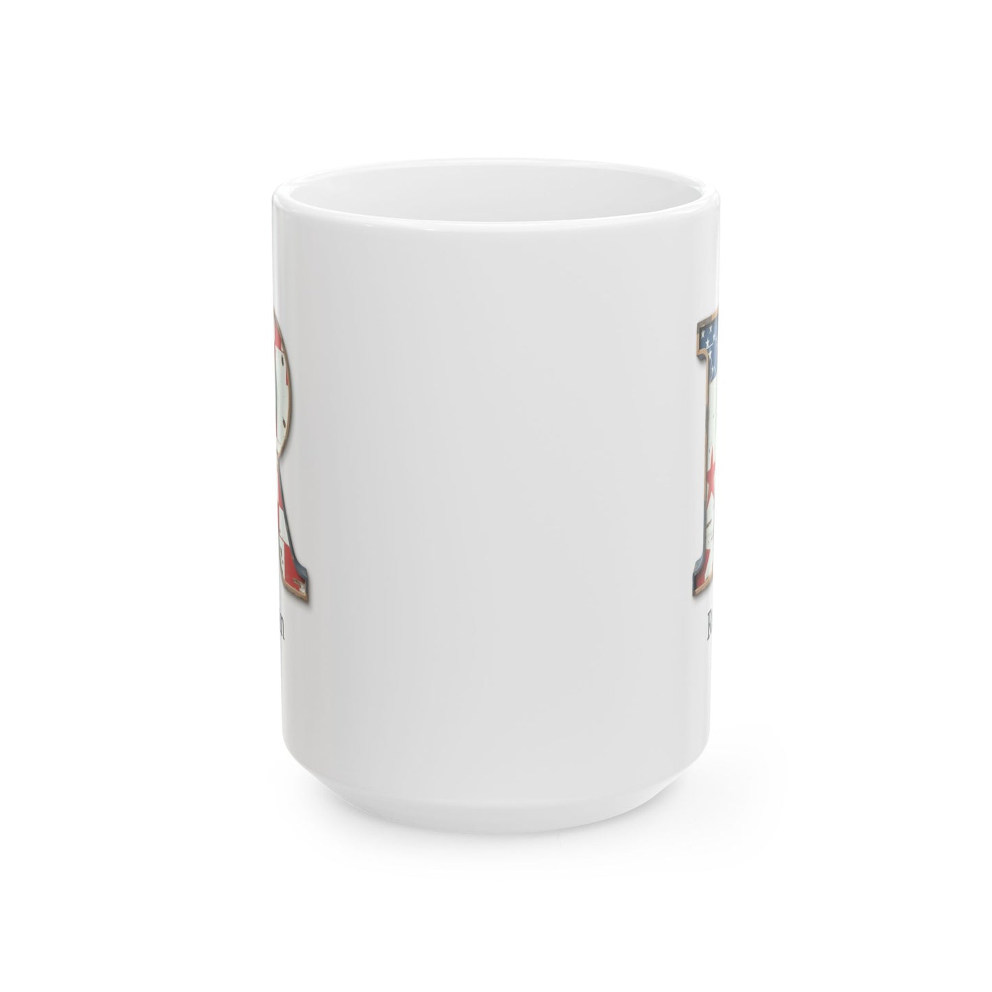 White American Flag Mug with Letter R and Name Roman Personalized Patriotic Coffee Cup Gift for Men Veterans or USA Flag Lovers