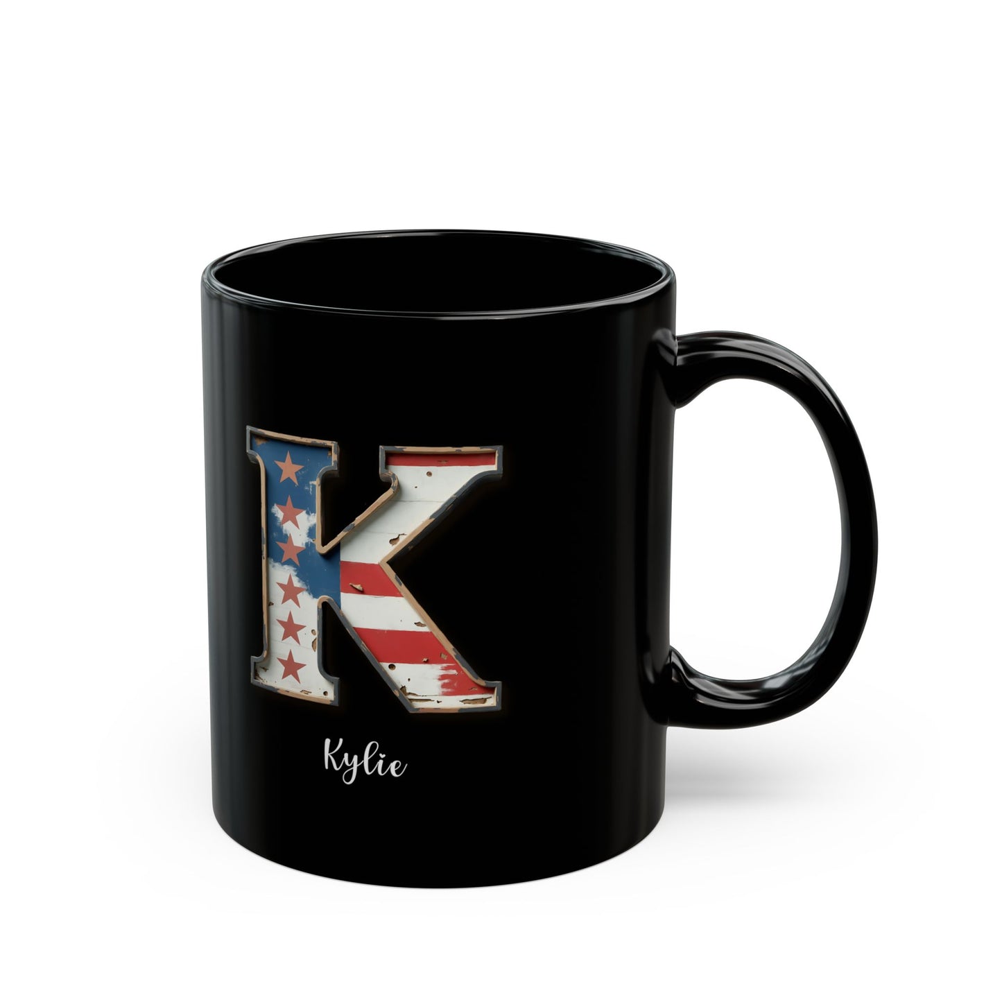 Mug - Patriotic American Flag Letter K with Kevin Name - Vintage Red, White, and Blue Design