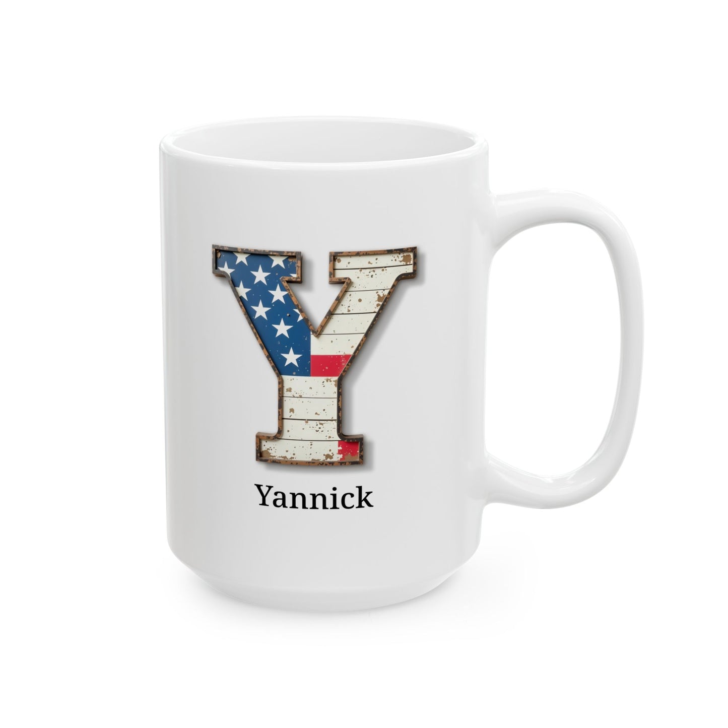 White Personalized USA Flag Initial Mug with Letter Y and Yannick Name Gift for Men, Veterans, Patriotic Coffee Lovers
