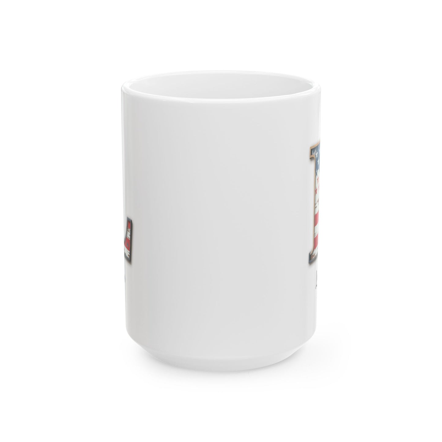 Mug - Patriotic American Flag Letter L with Kevin Name - Vintage Red, White, and Blue Design