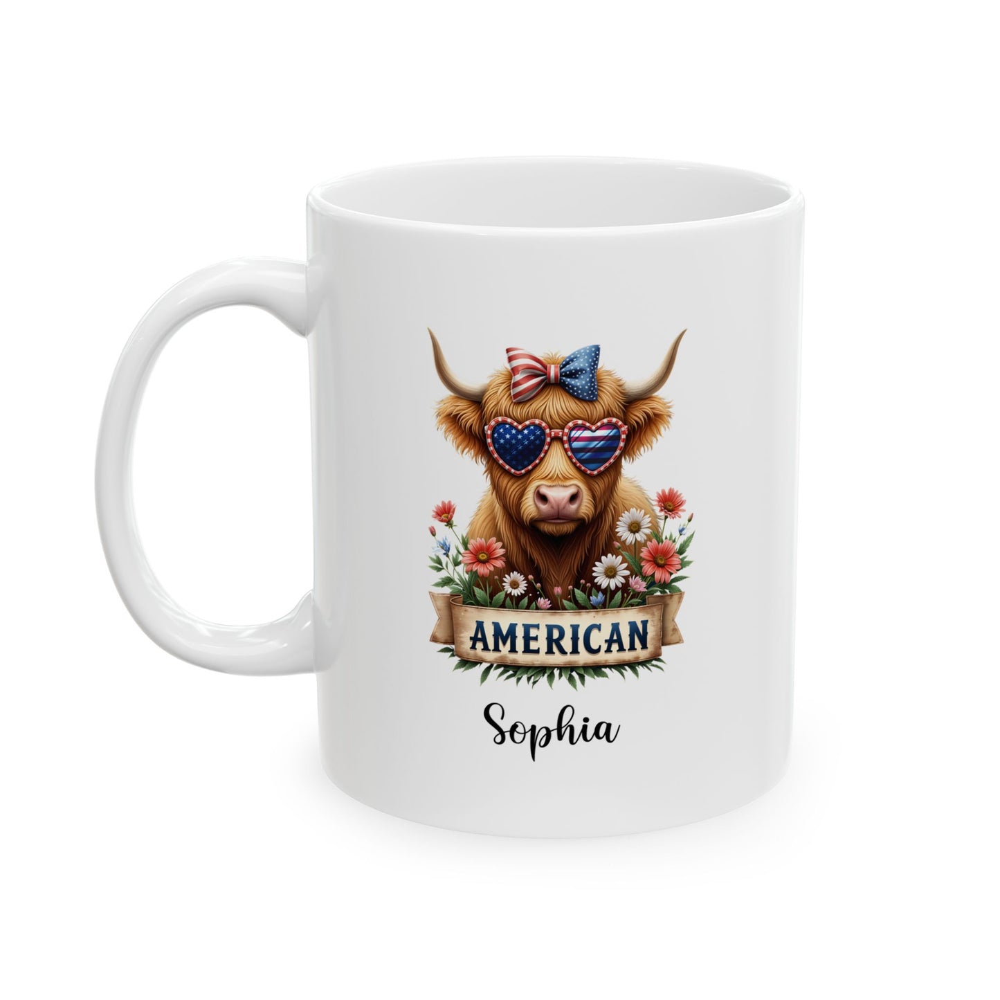 Custom Patriotic Highland Cow Mug – Personalized 4th of July Gift