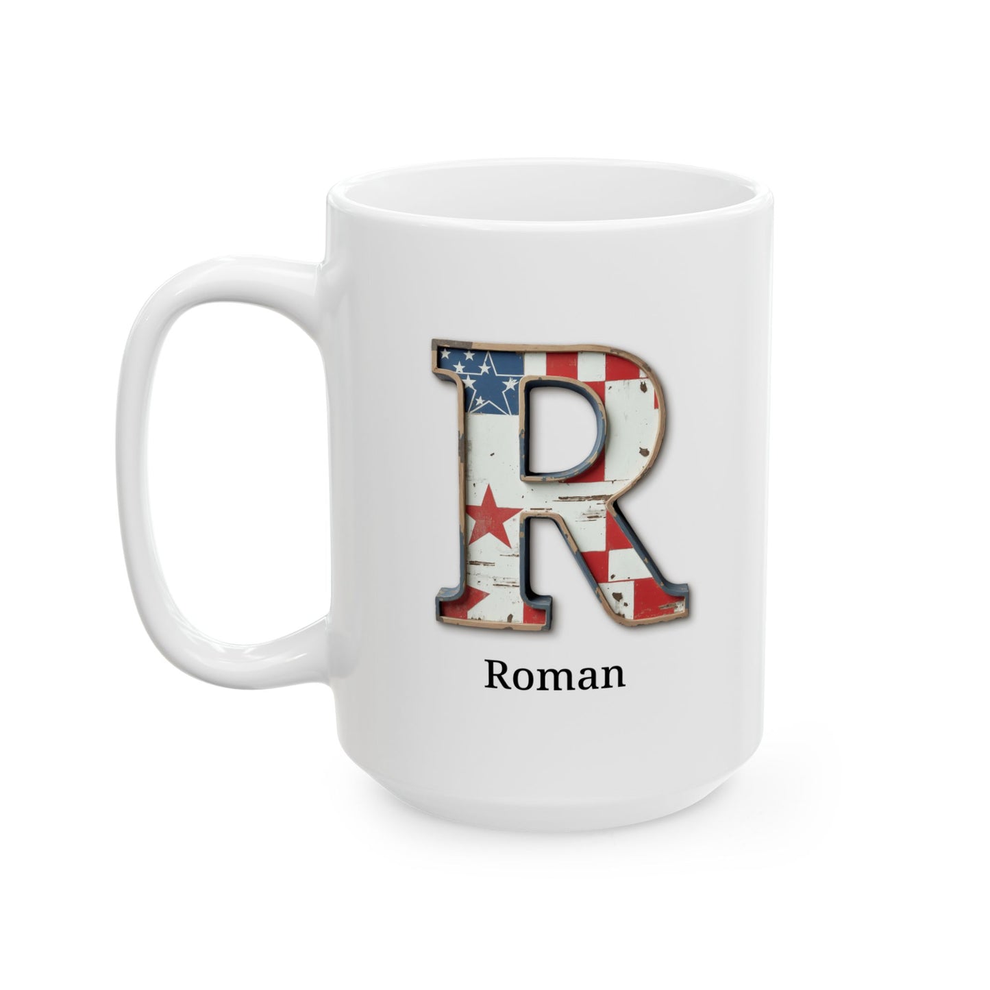 White American Flag Mug with Letter R and Name Roman Personalized Patriotic Coffee Cup Gift for Men Veterans or USA Flag Lovers