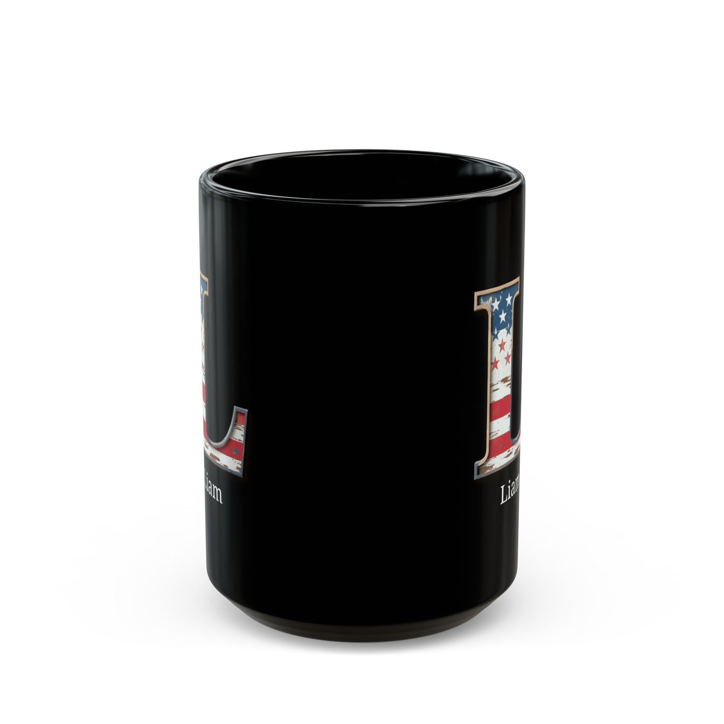 Black American Flag Mug with Letter L and Name Liam Personalized Patriotic Coffee Cup Gift for Men Veterans Military or Proud Americans