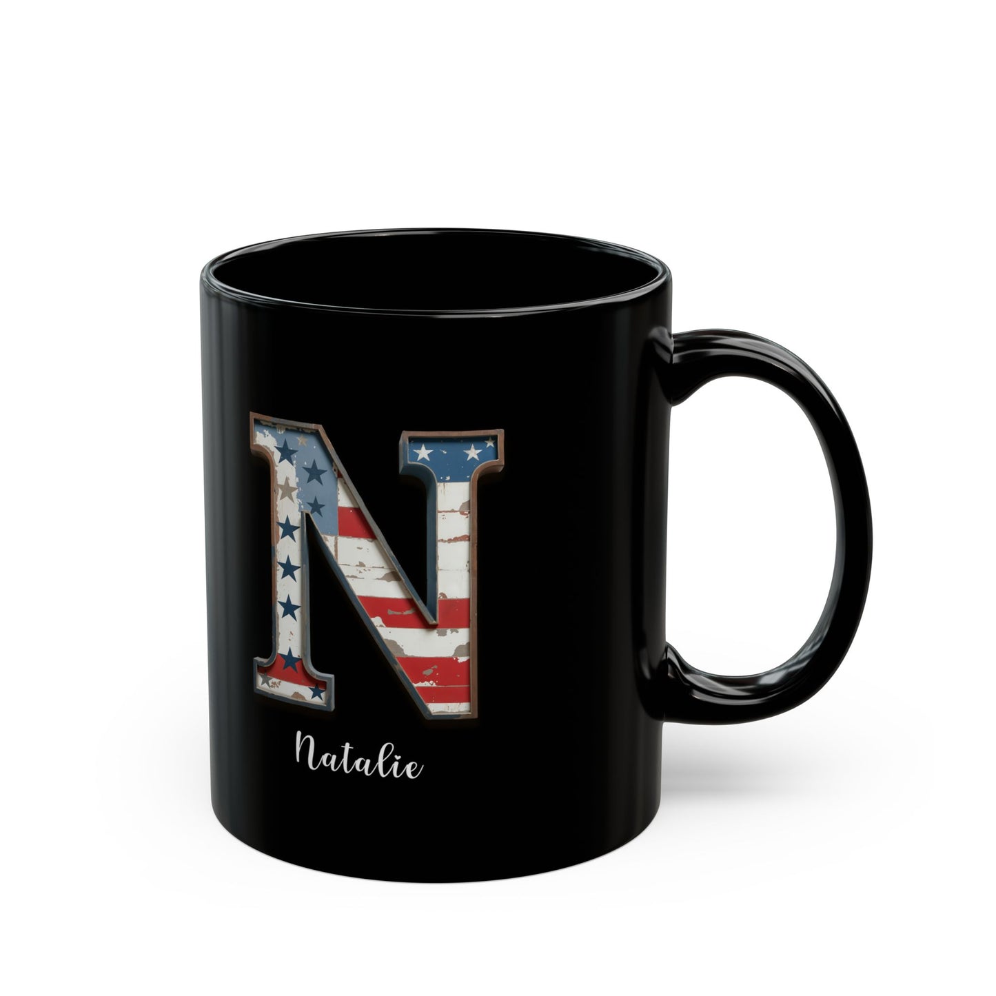 Mug - Patriotic American Flag Letter N with Kevin Name - Vintage Red, White, and Blue Design