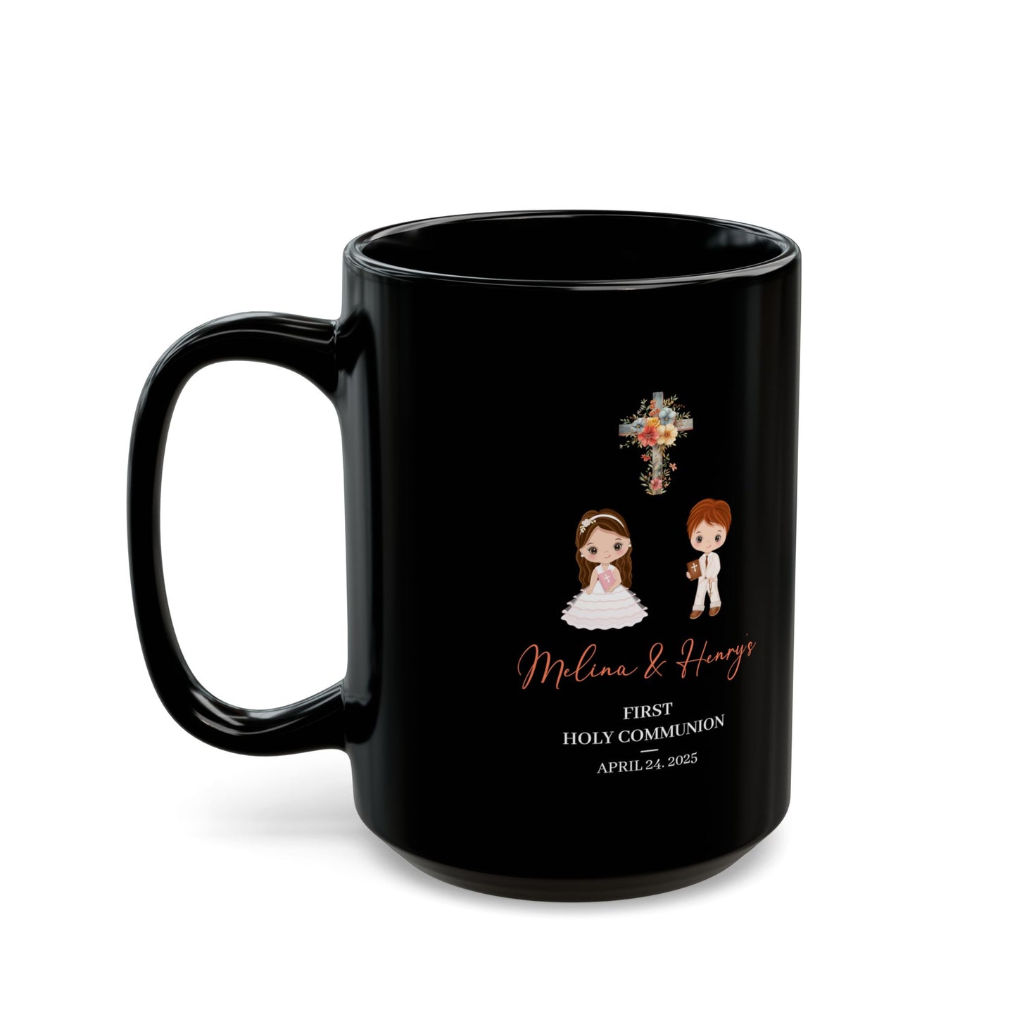 Black First Holy Communion Mug – Gift for Melina & Henry 2025