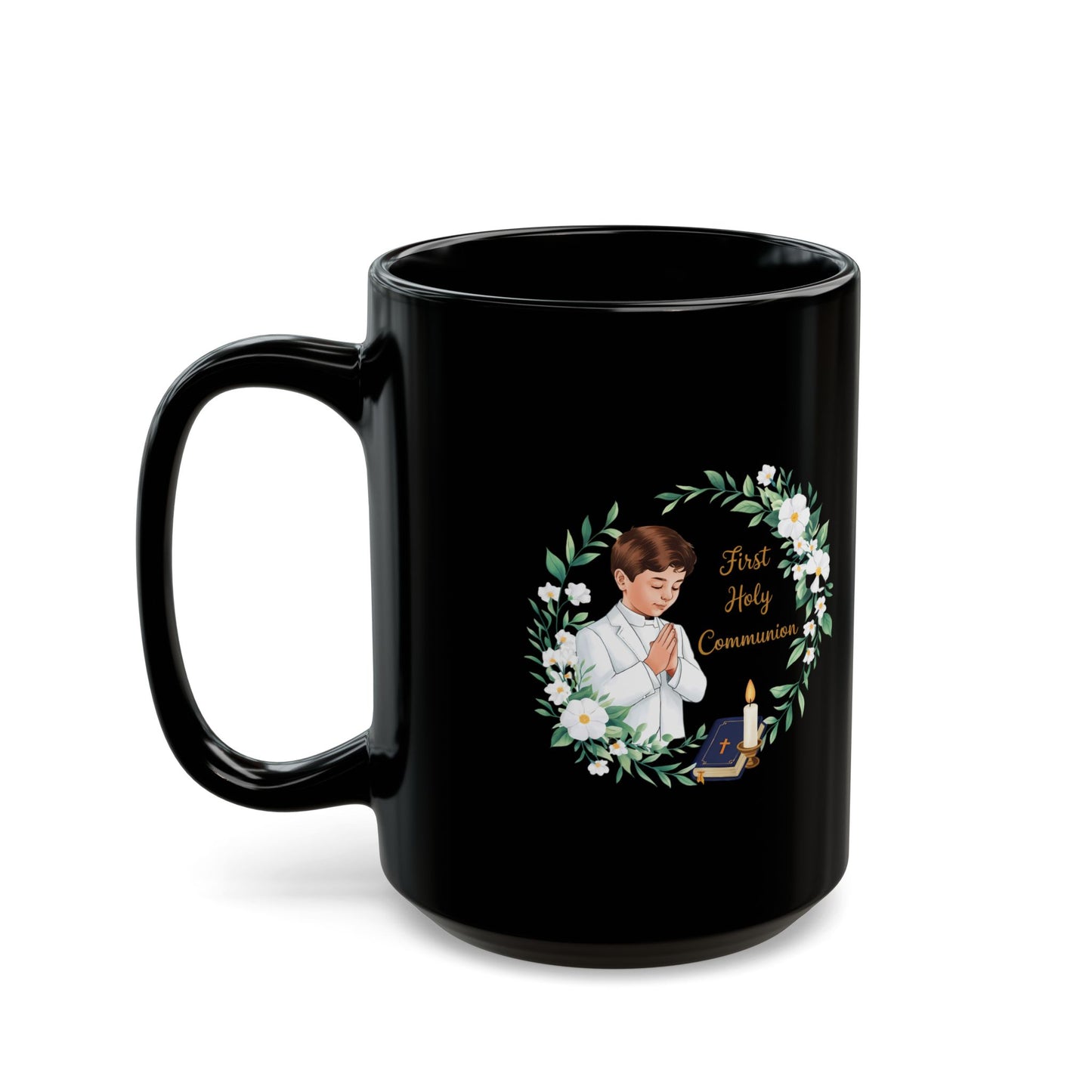 First Communion Boy Black Mug – Holy Gift with Prayer Design