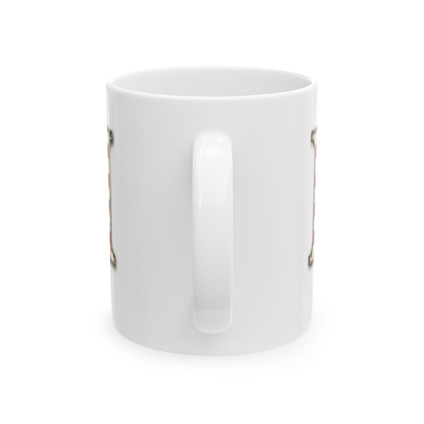 Mug - Patriotic American Flag Letter I with Kevin Name - Vintage Red, White, and Blue Design
