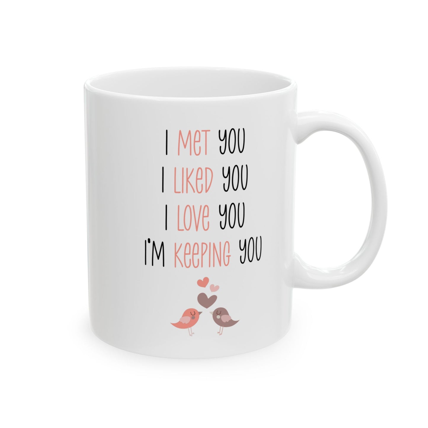 I Met You I Liked You I Love You Mug – Cute Lovebirds – Romantic White Coffee Cup
