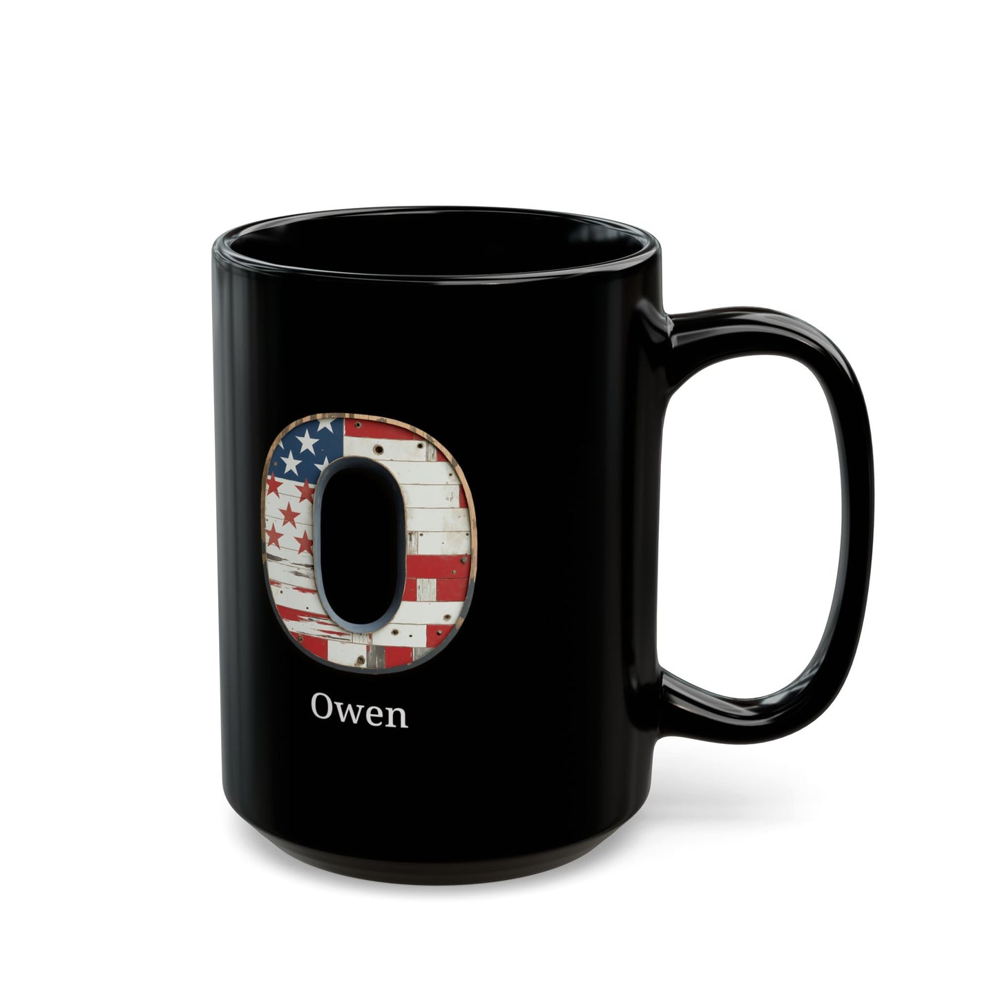 Black American Flag Mug with Letter O and Name Owen Personalized Patriotic Coffee Cup Gift for Men Veterans or Proud USA Supporters