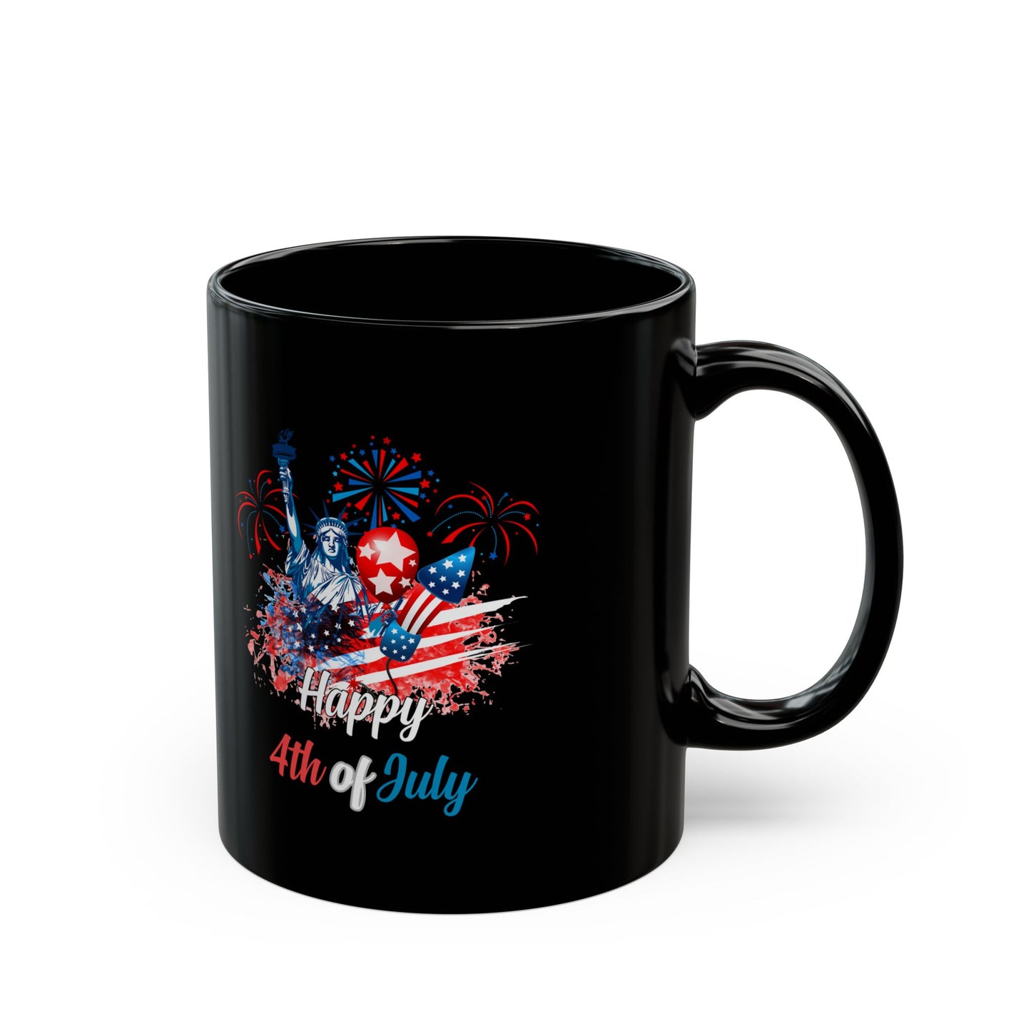 Happy 4th of July Black Mug – Statue of Liberty, Fireworks, Patriotic Gift