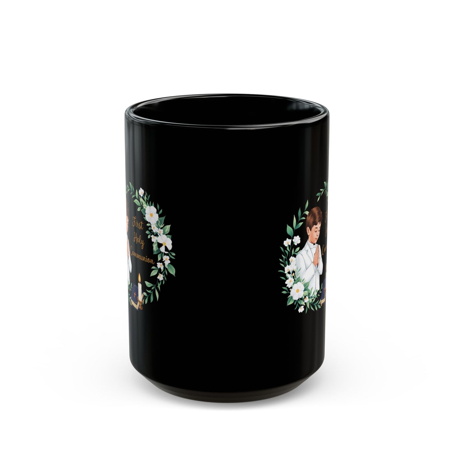First Communion Boy Black Mug – Holy Gift with Prayer Design