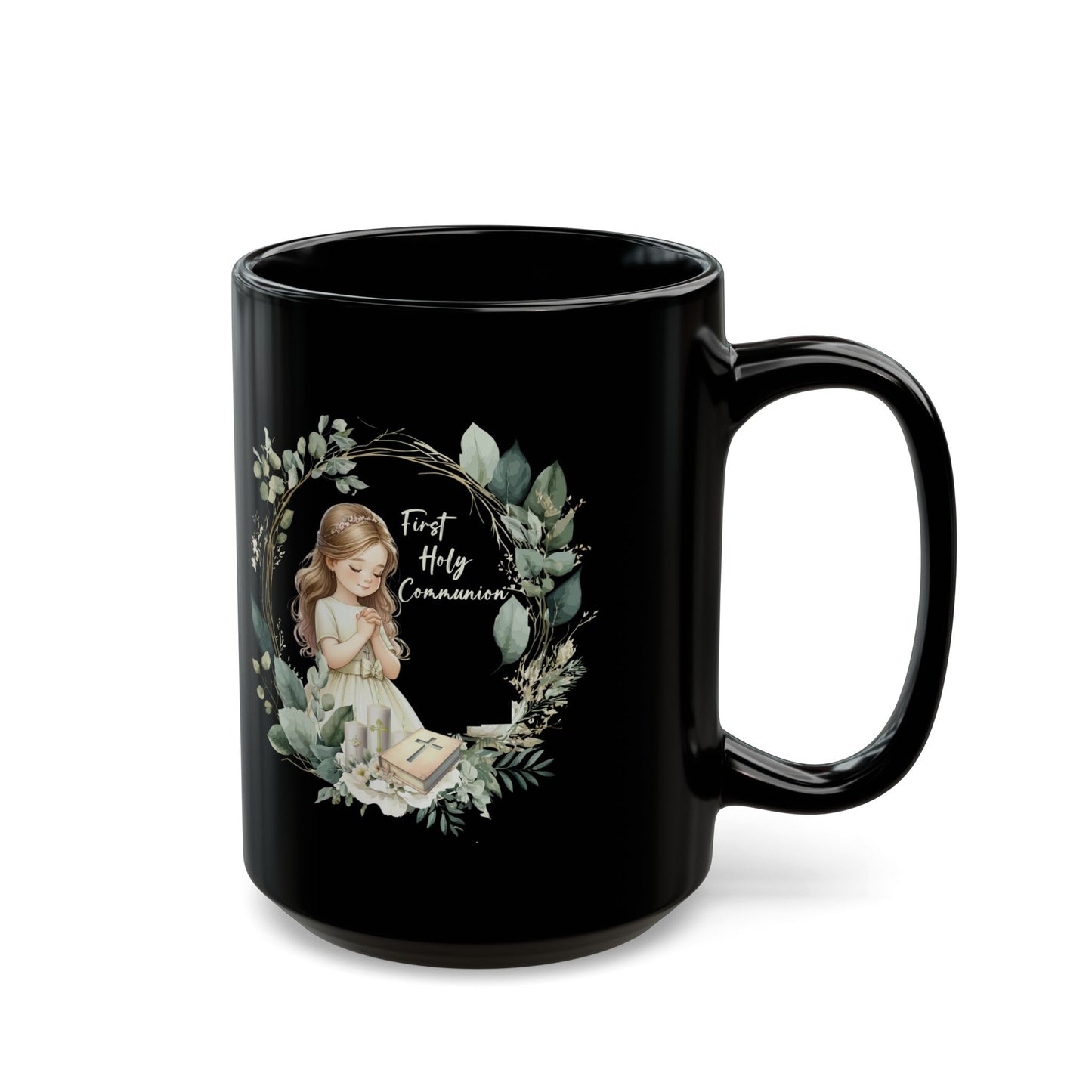 First Holy Communion Mug for Girl – Elegant Black Keepsake Cup