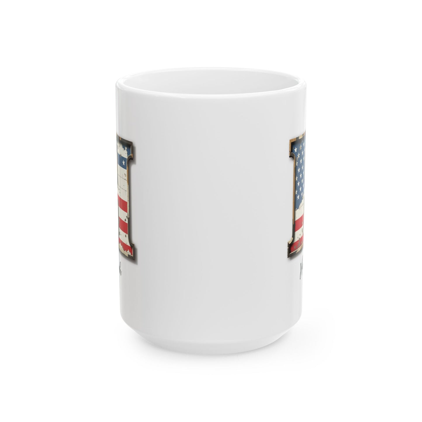 Mug - Patriotic American Flag Letter H with Kevin Name - Vintage Red, White, and Blue Design