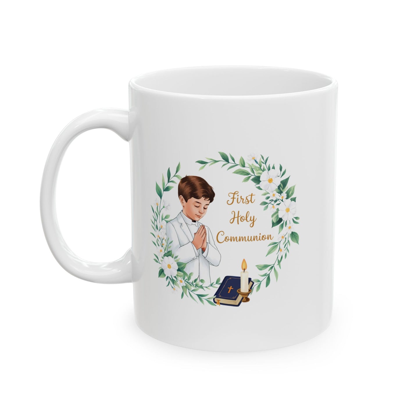 First Communion Boy White Mug – Holy Gift with Prayer Design