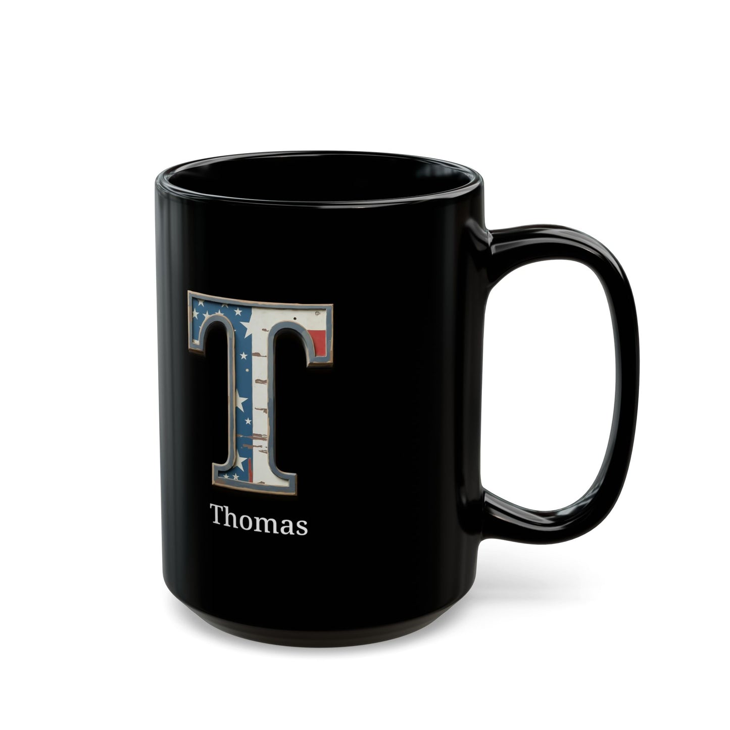 Black American Flag Mug with Letter T and Name Thomas Personalized Patriotic Coffee Cup Gift for Men Veterans or USA Flag Supporters