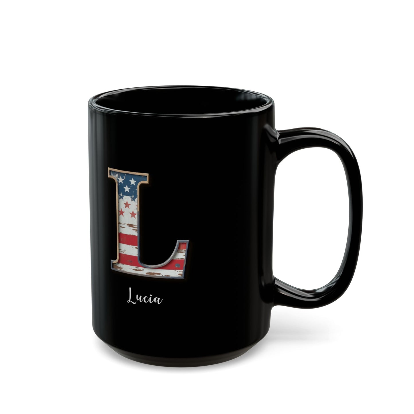 Mug - Patriotic American Flag Letter L with Kevin Name - Vintage Red, White, and Blue Design