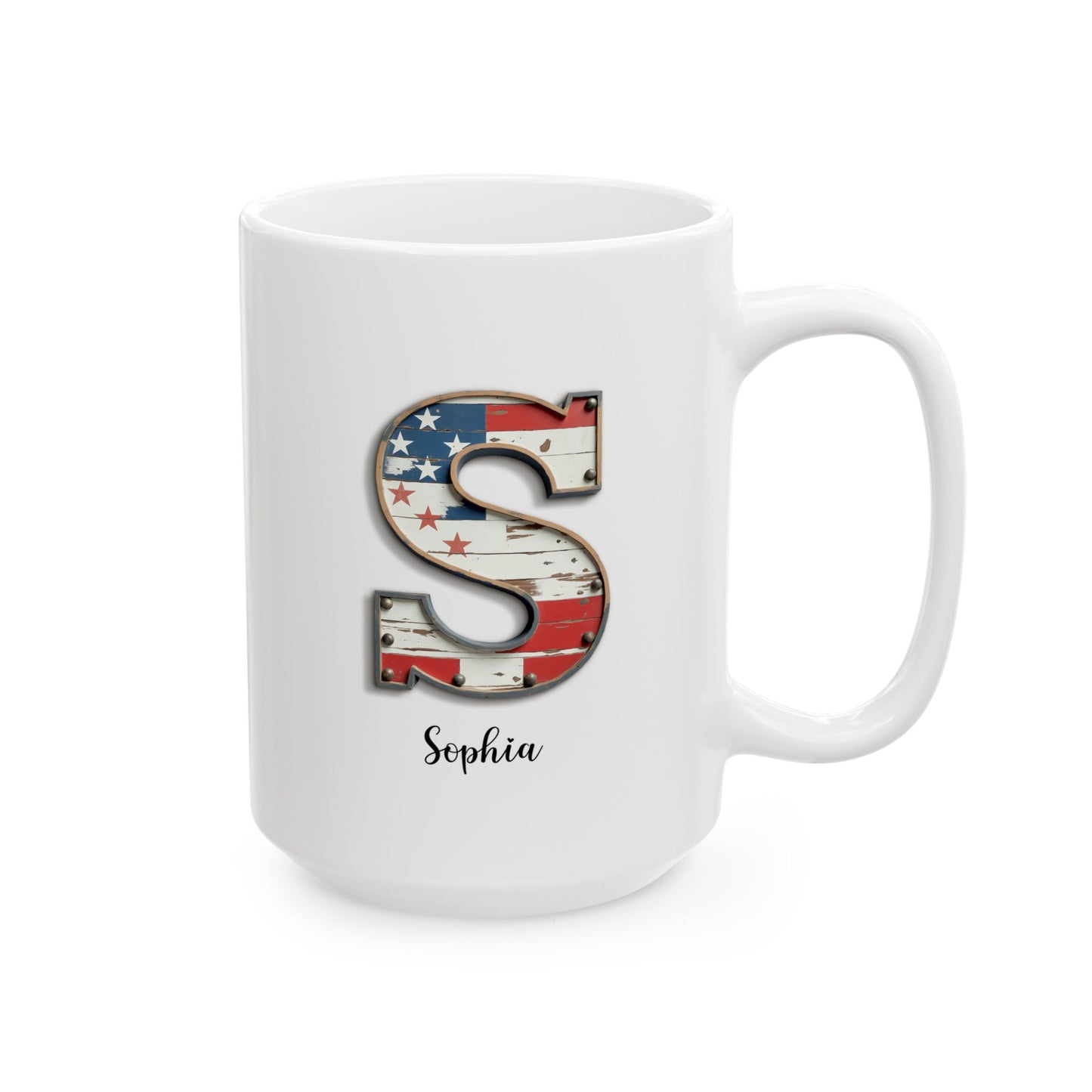 Mug - Patriotic American Flag Letter S with Kevin Name - Vintage Red, White, and Blue Design