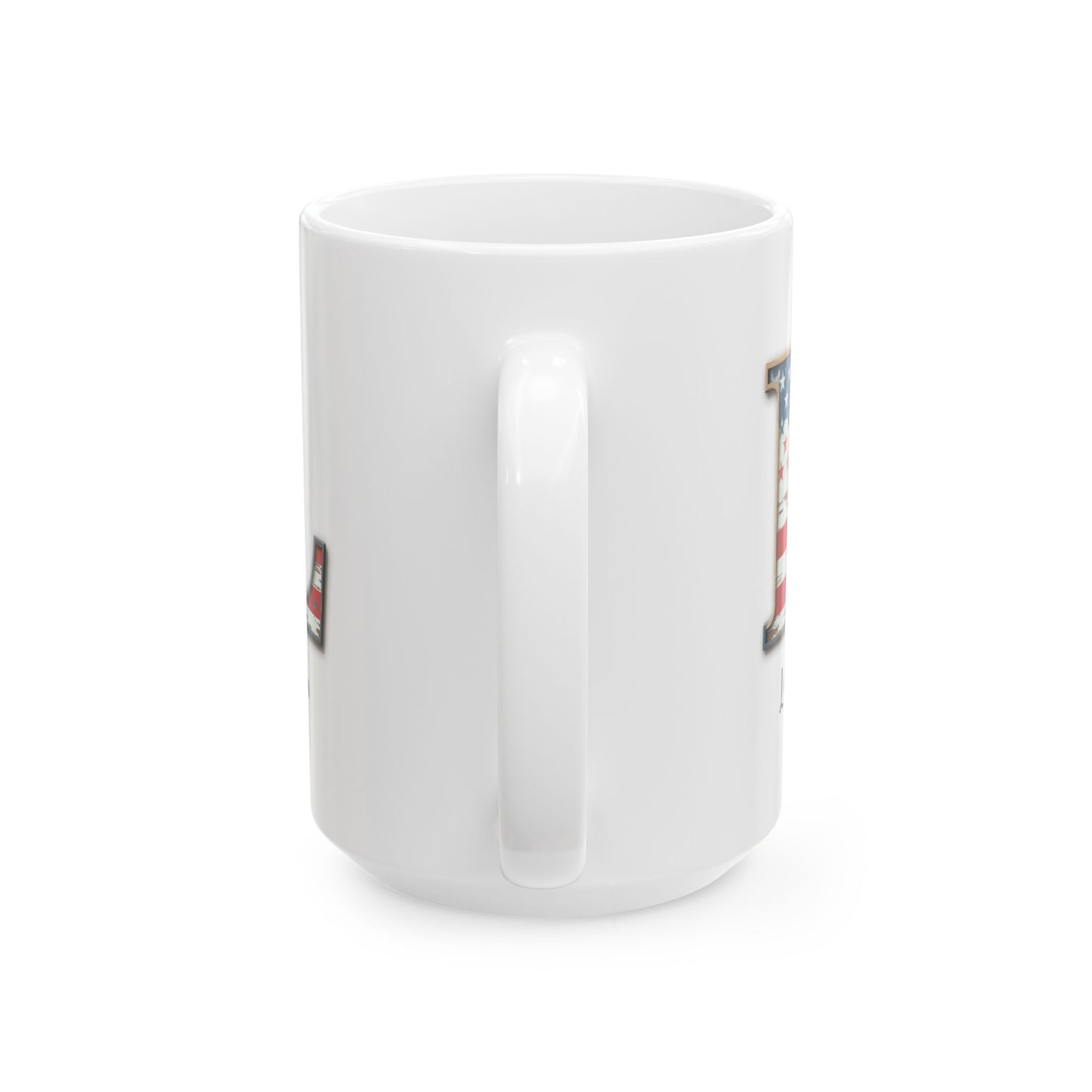 Mug - Patriotic American Flag Letter L with Kevin Name - Vintage Red, White, and Blue Design