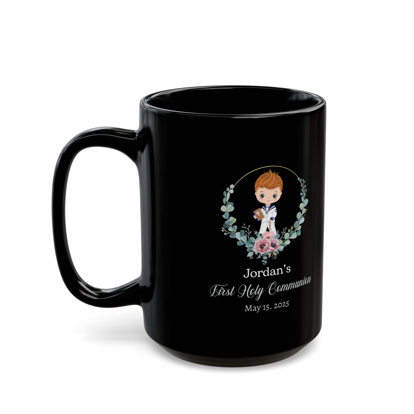 Jordan's First Holy Communion Black Mug – Custom Keepsake Gift 2025