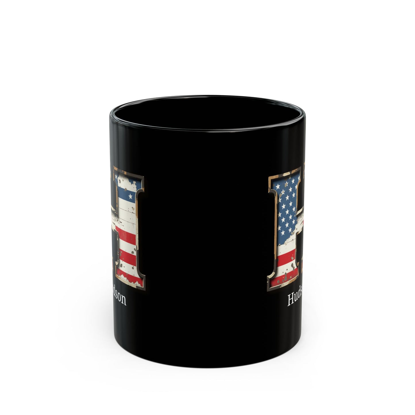 Black Personalized USA Flag Initial Mug with Letter H and Hudson Name Gift for Men, Veterans, Patriotic Coffee Lovers