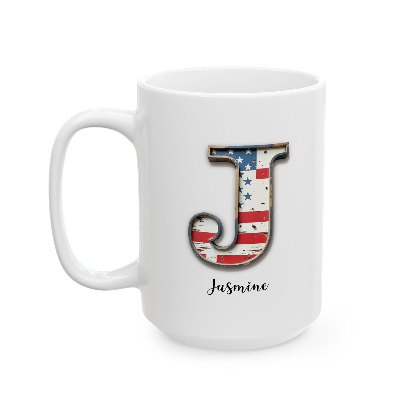 Mug - Patriotic American Flag Letter J with Kevin Name - Vintage Red, White, and Blue Design