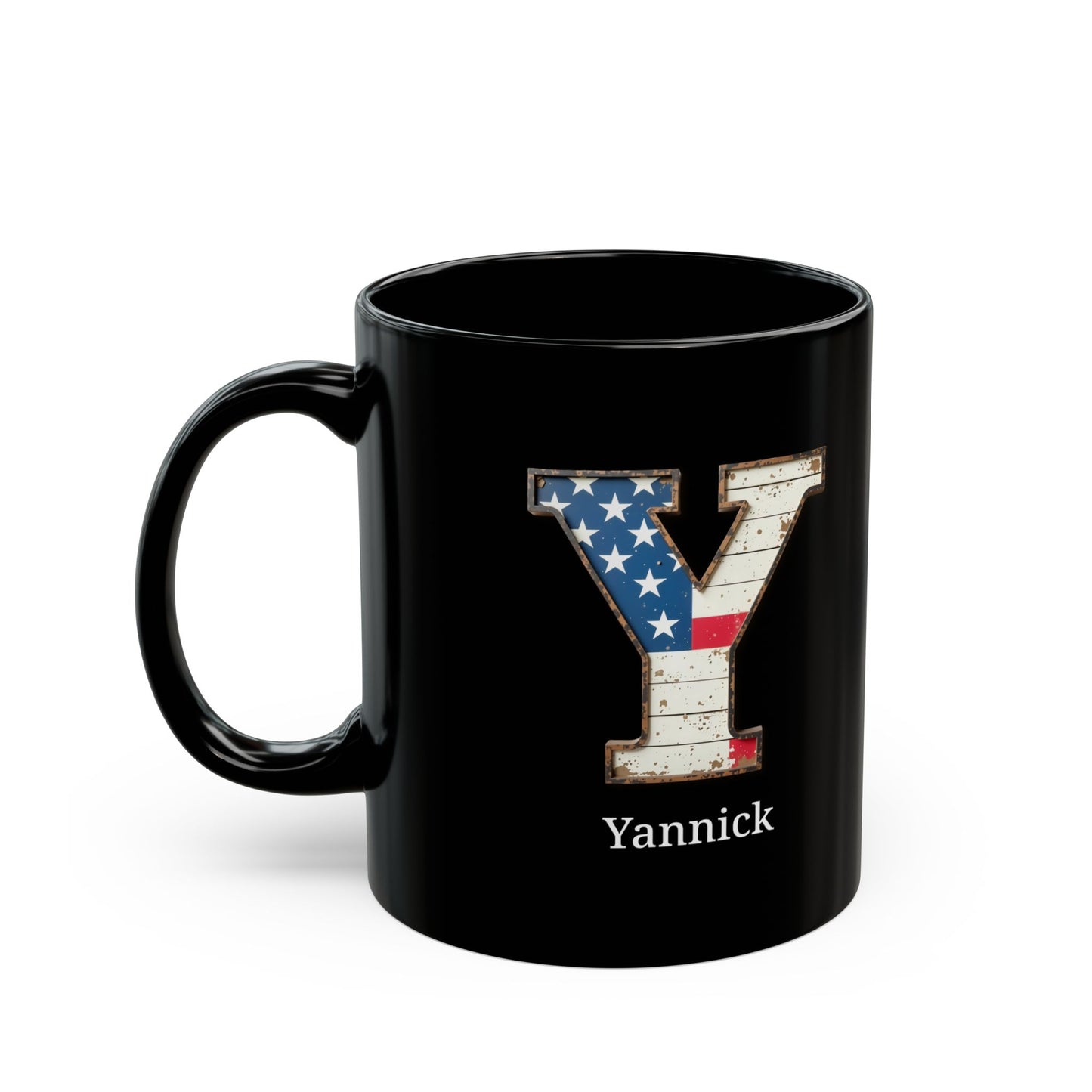 Black Personalized USA Flag Initial Mug with Letter Y and Yannick Name Gift for Men, Veterans, Patriotic Coffee Lovers