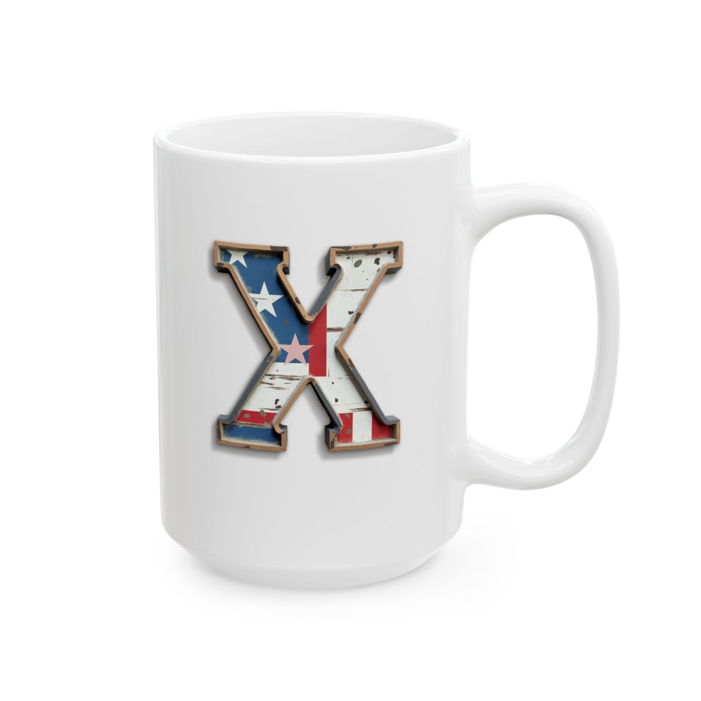 White USA Flag Letter X Mug – Personalized Patriotic Initial Coffee Cup Gift for Men, Veterans, and Proud Americans