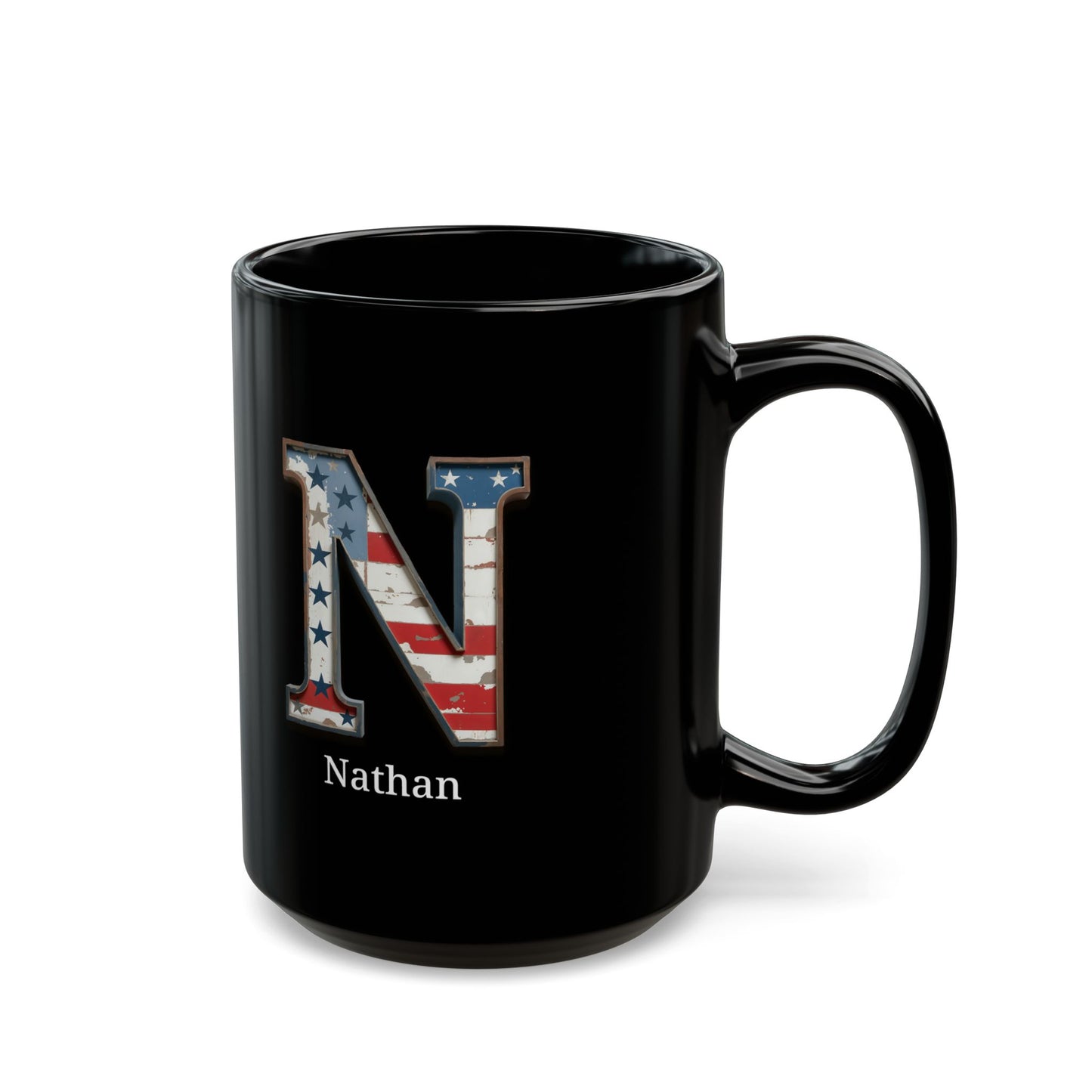 Black American Flag Mug with Letter N and Name Nathan Personalized Patriotic Coffee Cup Gift for Men Veterans or USA Flag Supporters