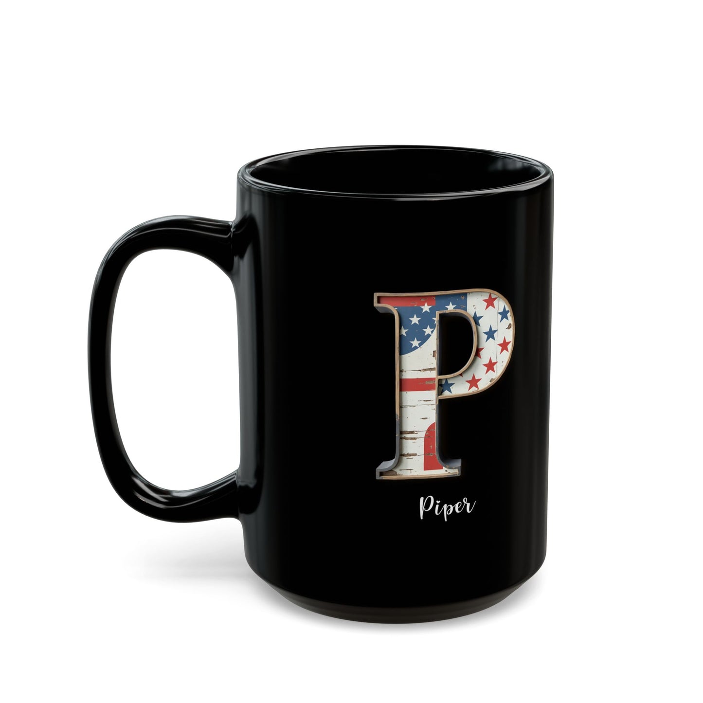 Mug - Patriotic American Flag Letter P with Kevin Name - Vintage Red, White, and Blue Design