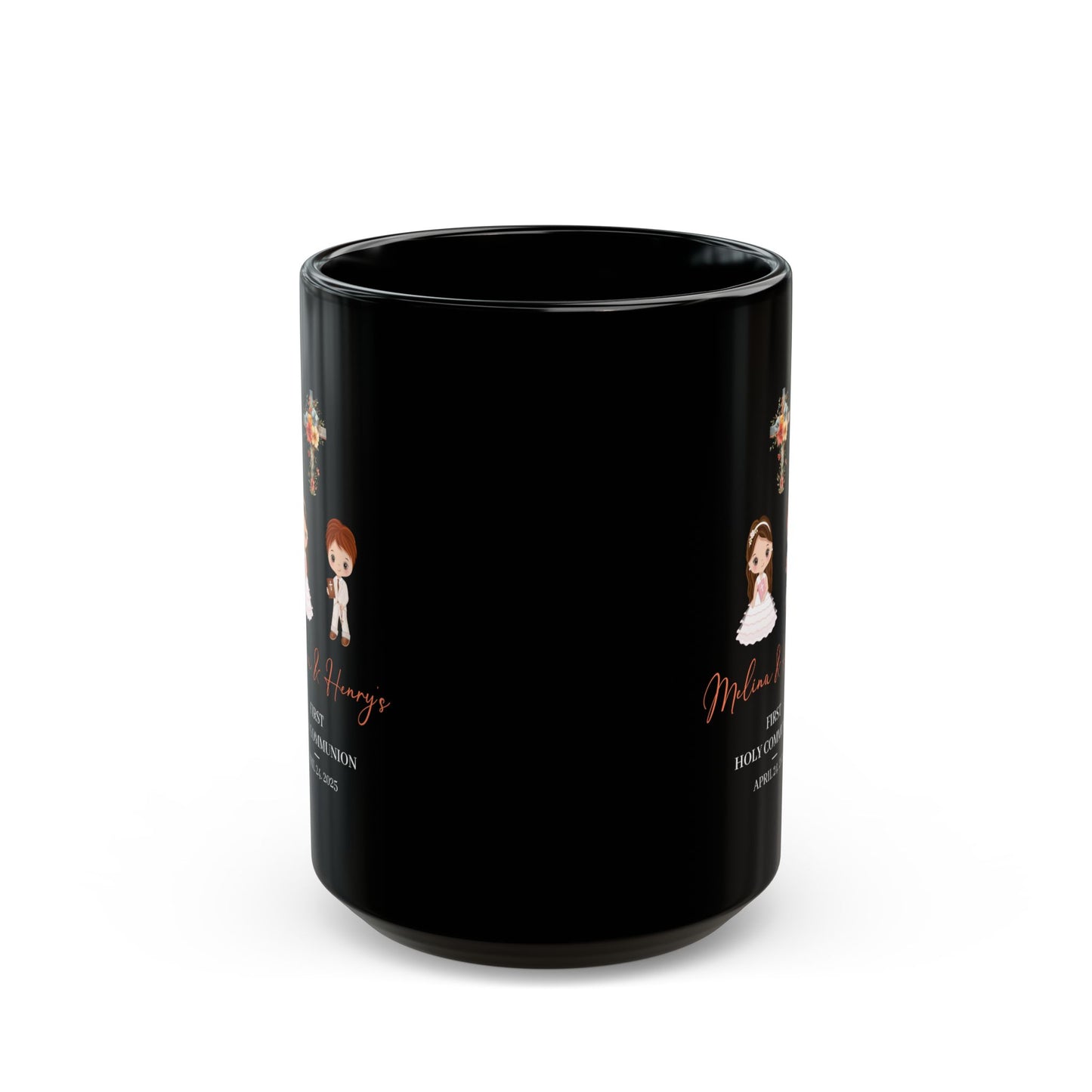 Black First Holy Communion Mug – Gift for Melina & Henry 2025