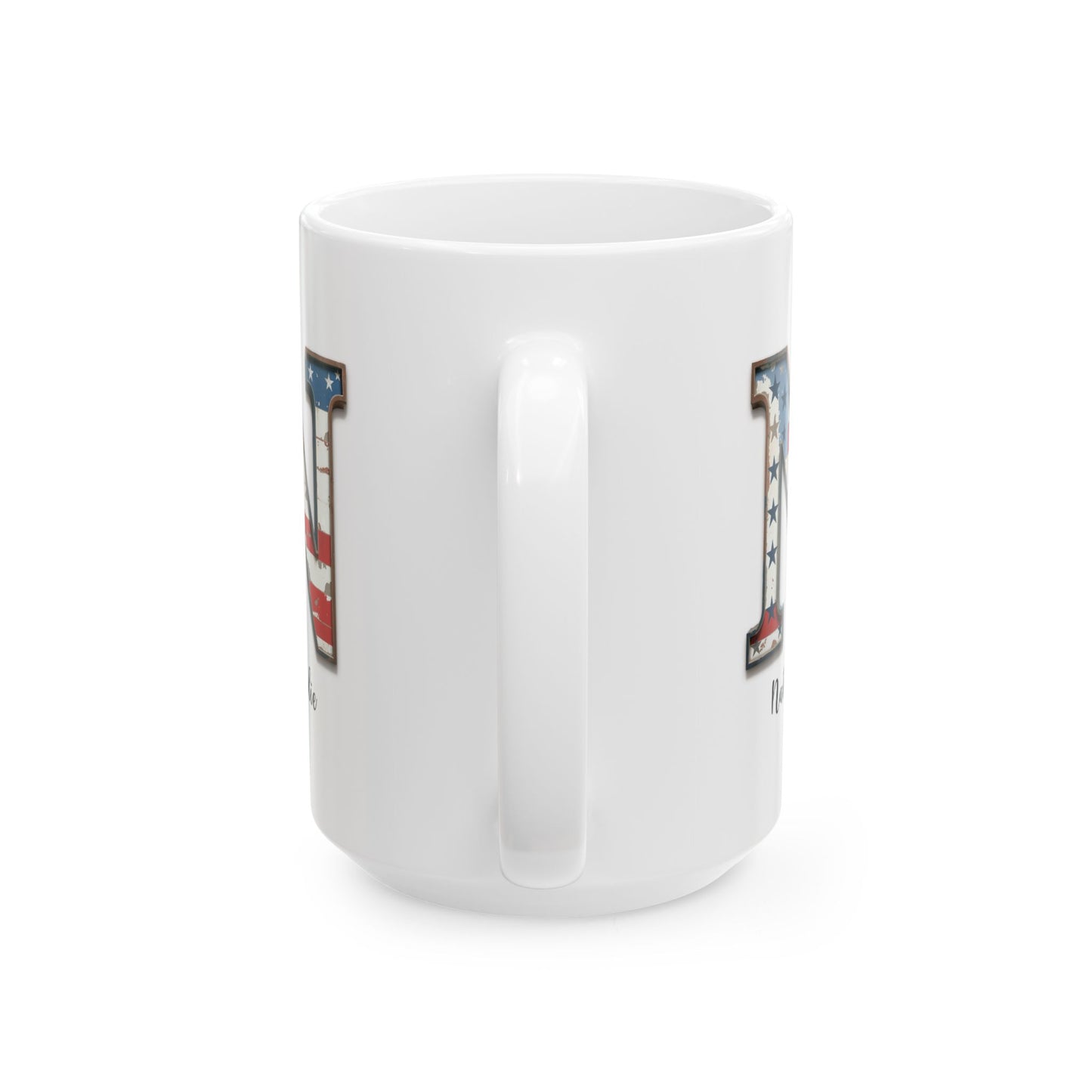 Mug - Patriotic American Flag Letter N with Kevin Name - Vintage Red, White, and Blue Design