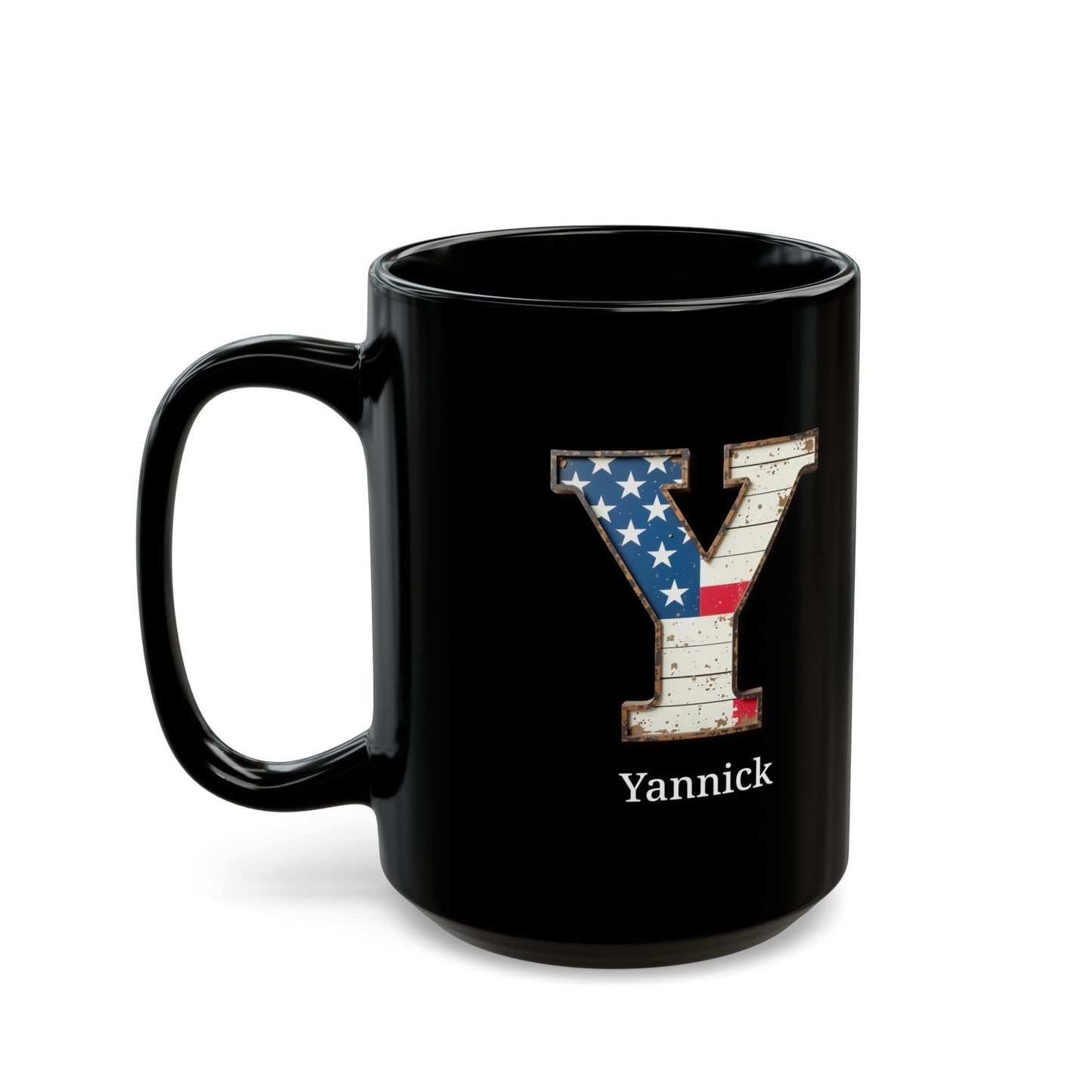 Black Personalized USA Flag Initial Mug with Letter Y and Yannick Name Gift for Men, Veterans, Patriotic Coffee Lovers