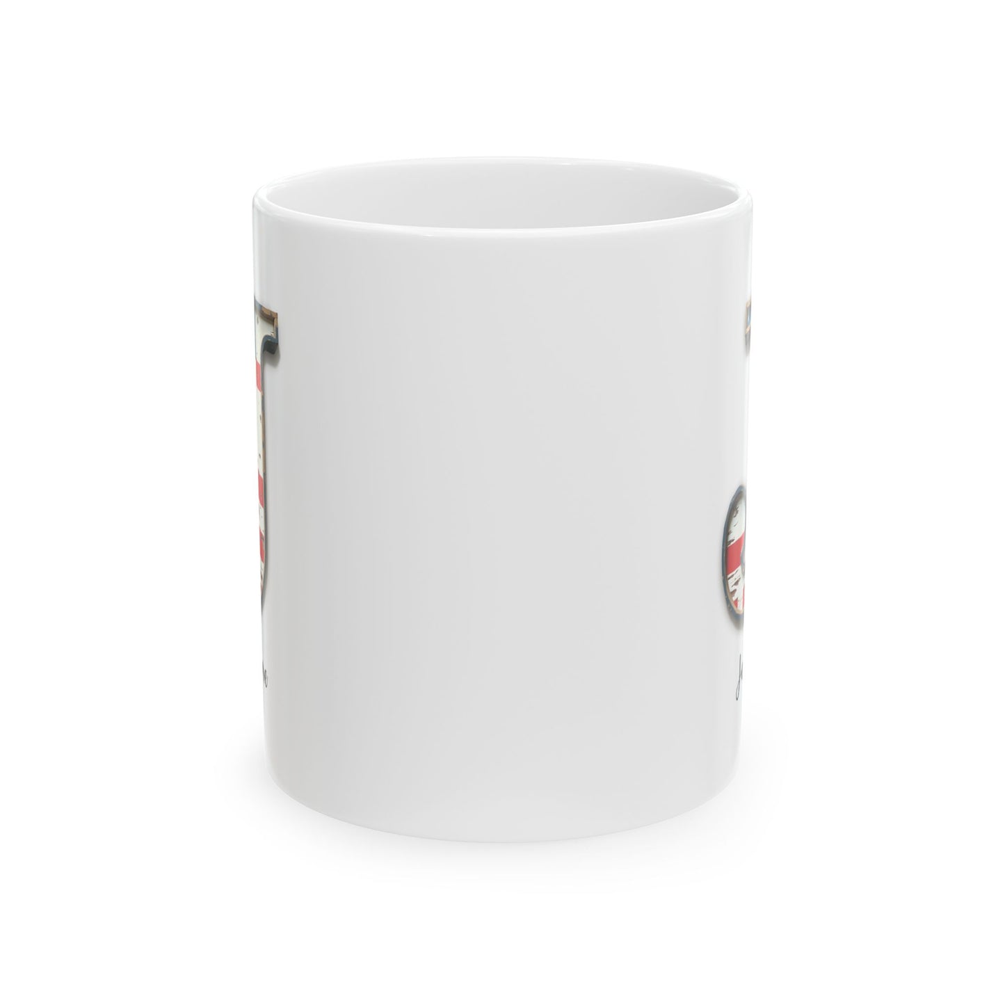 Mug - Patriotic American Flag Letter J with Kevin Name - Vintage Red, White, and Blue Design