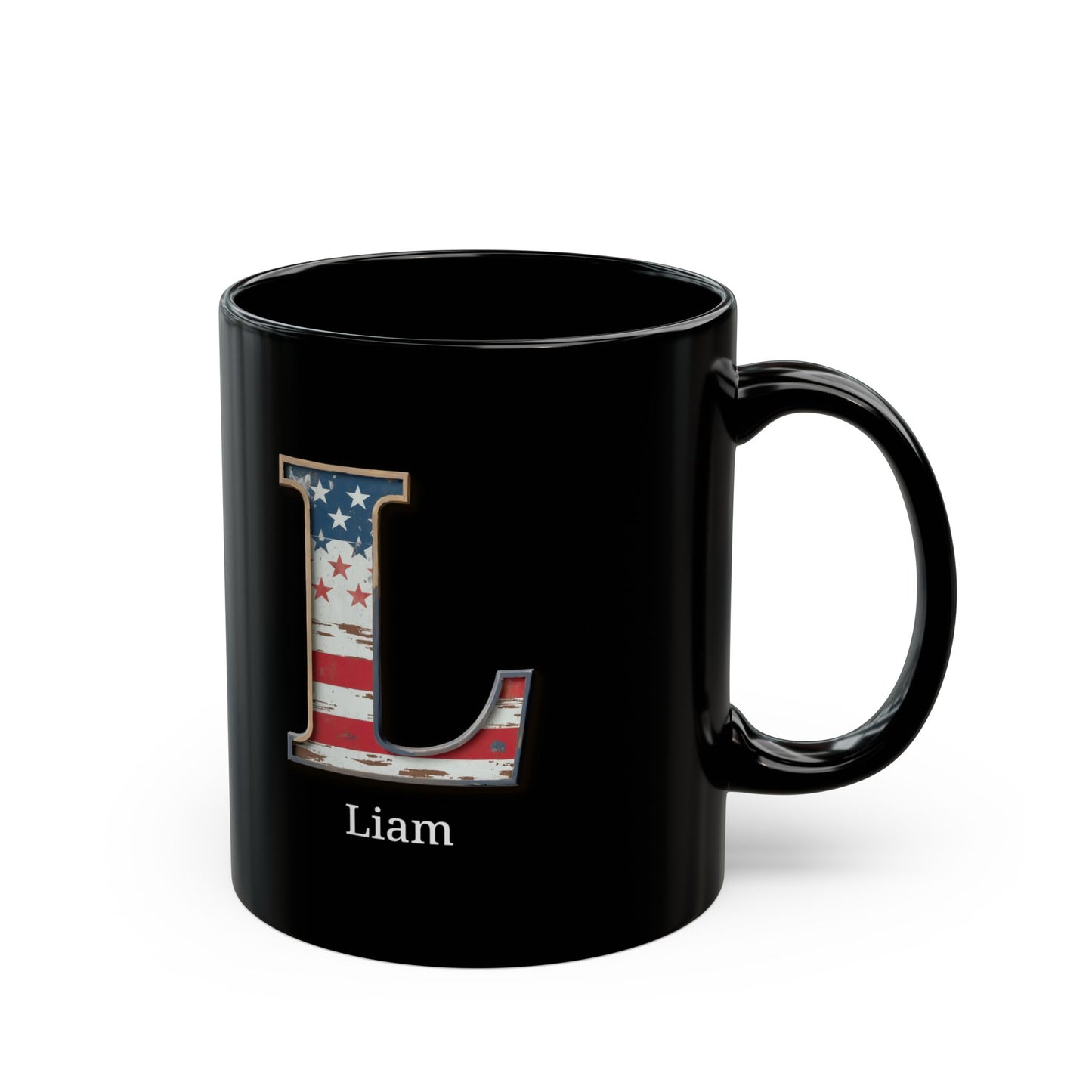 Black American Flag Mug with Letter L and Name Liam Personalized Patriotic Coffee Cup Gift for Men Veterans Military or Proud Americans