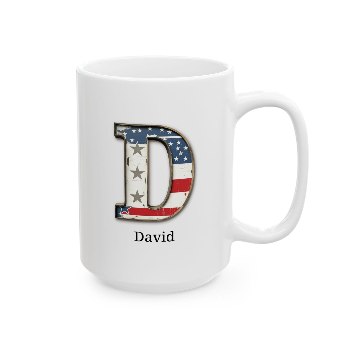 White Personalized USA Flag Initial Mug with Letter D and David Name Gift for Men, Veterans, Patriotic Coffee Lovers