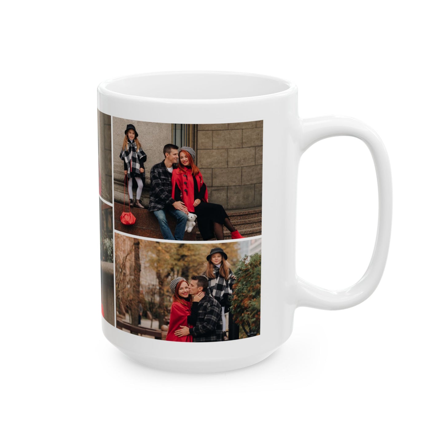 Happy Family Moments - Stylish Fall Family Photoshoot with Dad, Mom, and Daughter in Matching Outerwear Mug