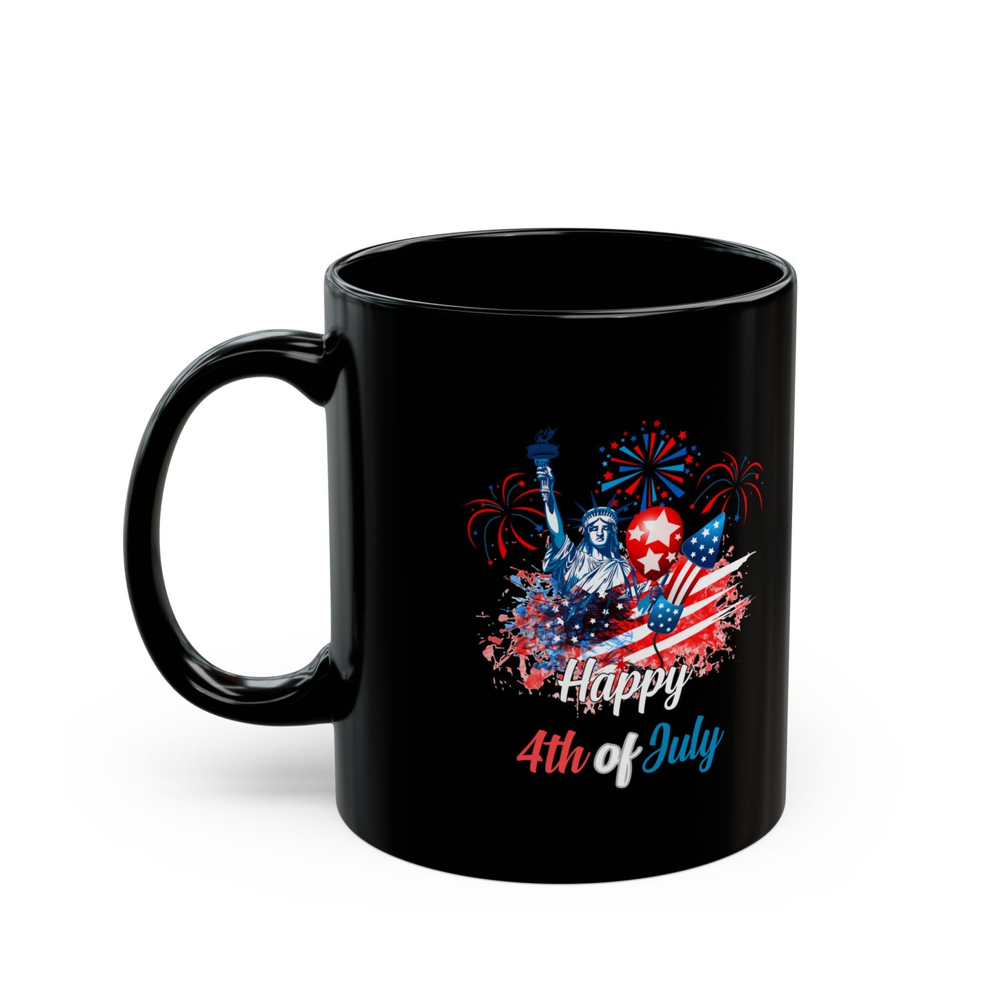 Happy 4th of July Black Mug – Statue of Liberty, Fireworks, Patriotic Gift