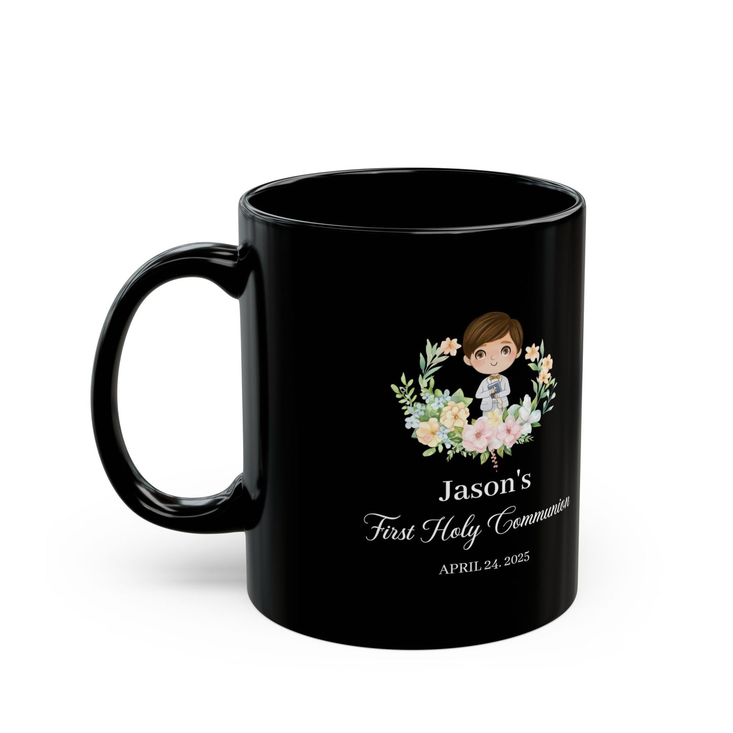Custom Black Communion Mug for Boy – Personalized First Holy Gift