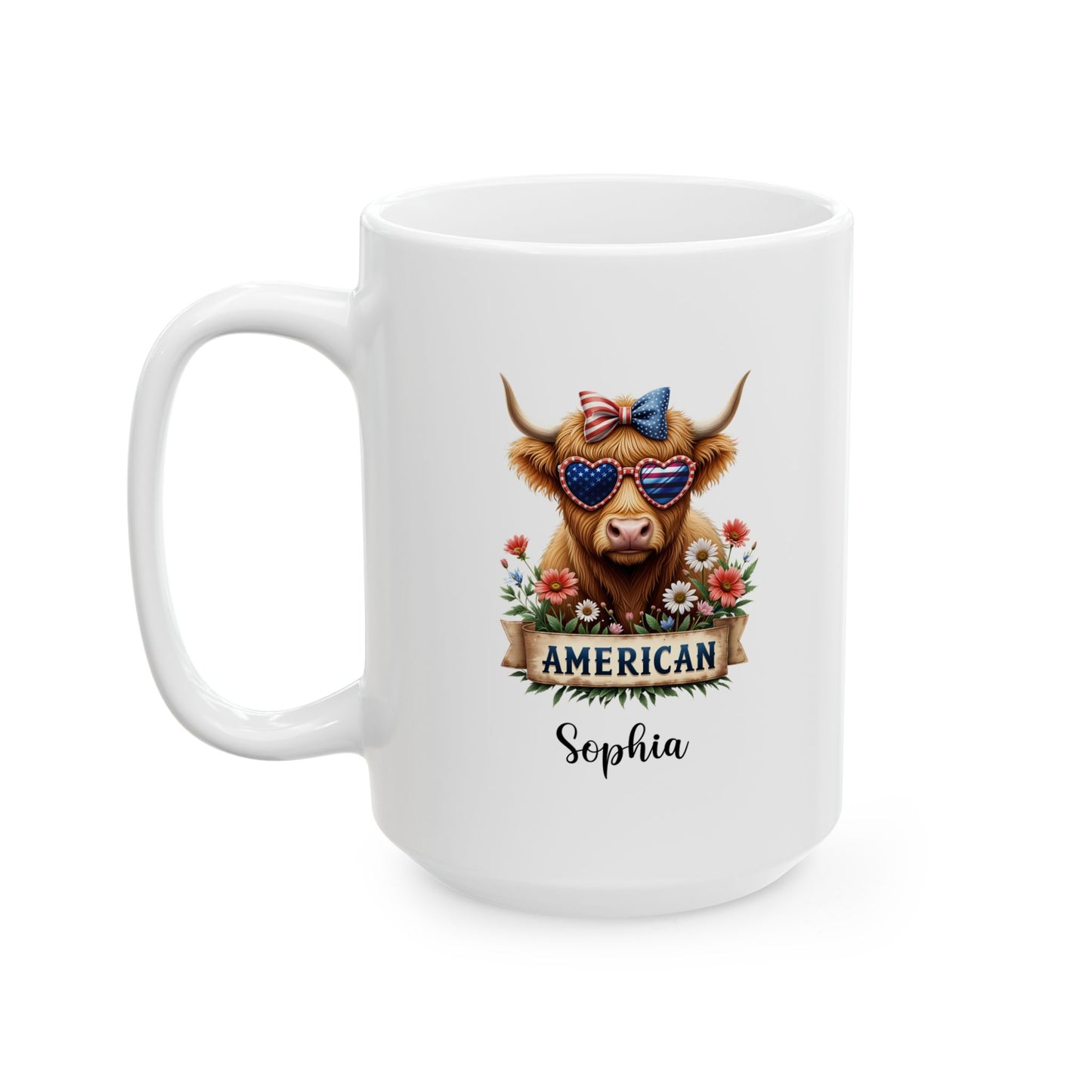 Custom Patriotic Highland Cow Mug – Personalized 4th of July Gift