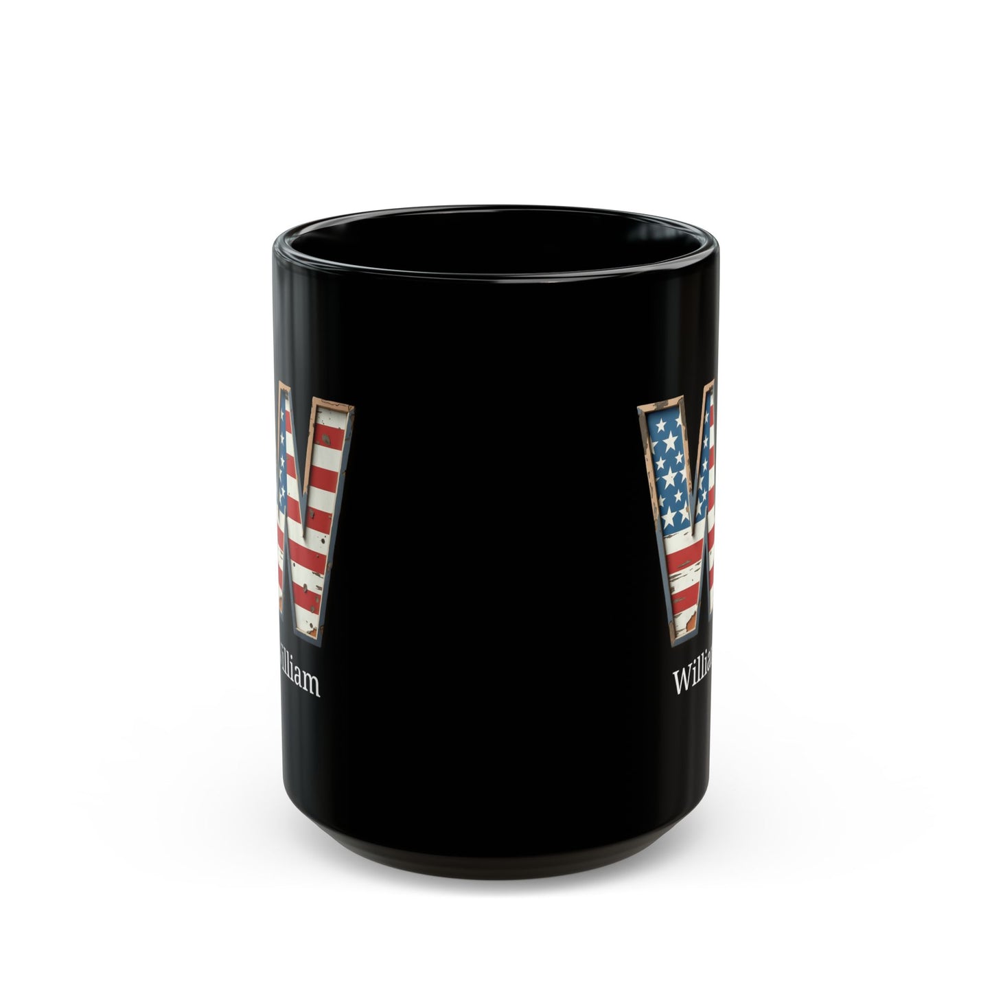Black Personalized USA Flag Initial Mug with Letter W and William Name Gift for Men, Veterans, Patriotic Coffee Lovers
