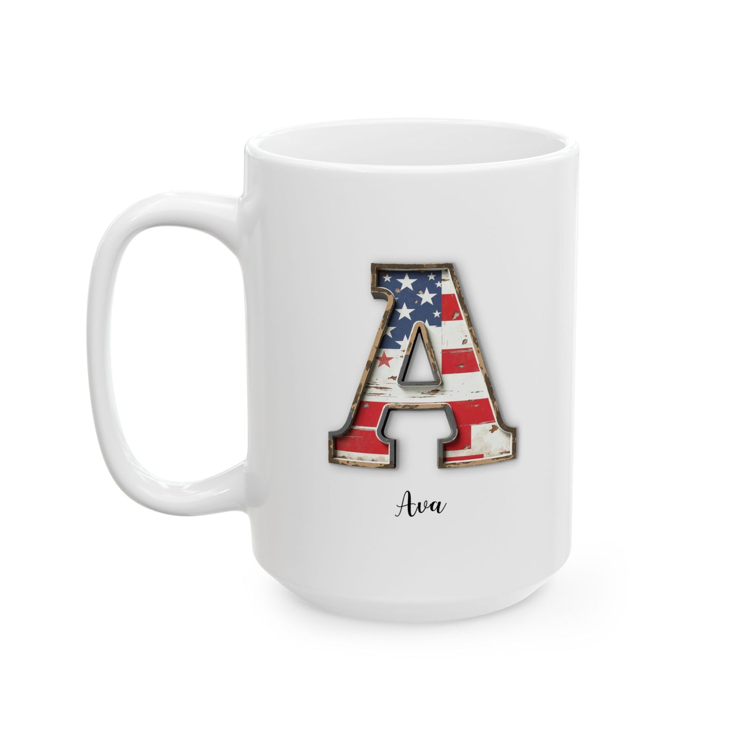 White Patriotic Mug – Letter A with USA Flag – Custom Name Ava Gift
