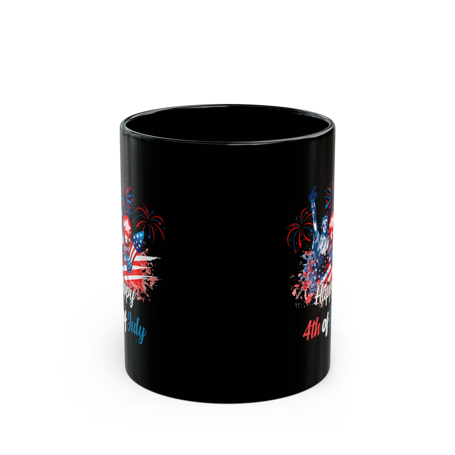 Happy 4th of July Black Mug – Statue of Liberty, Fireworks, Patriotic Gift
