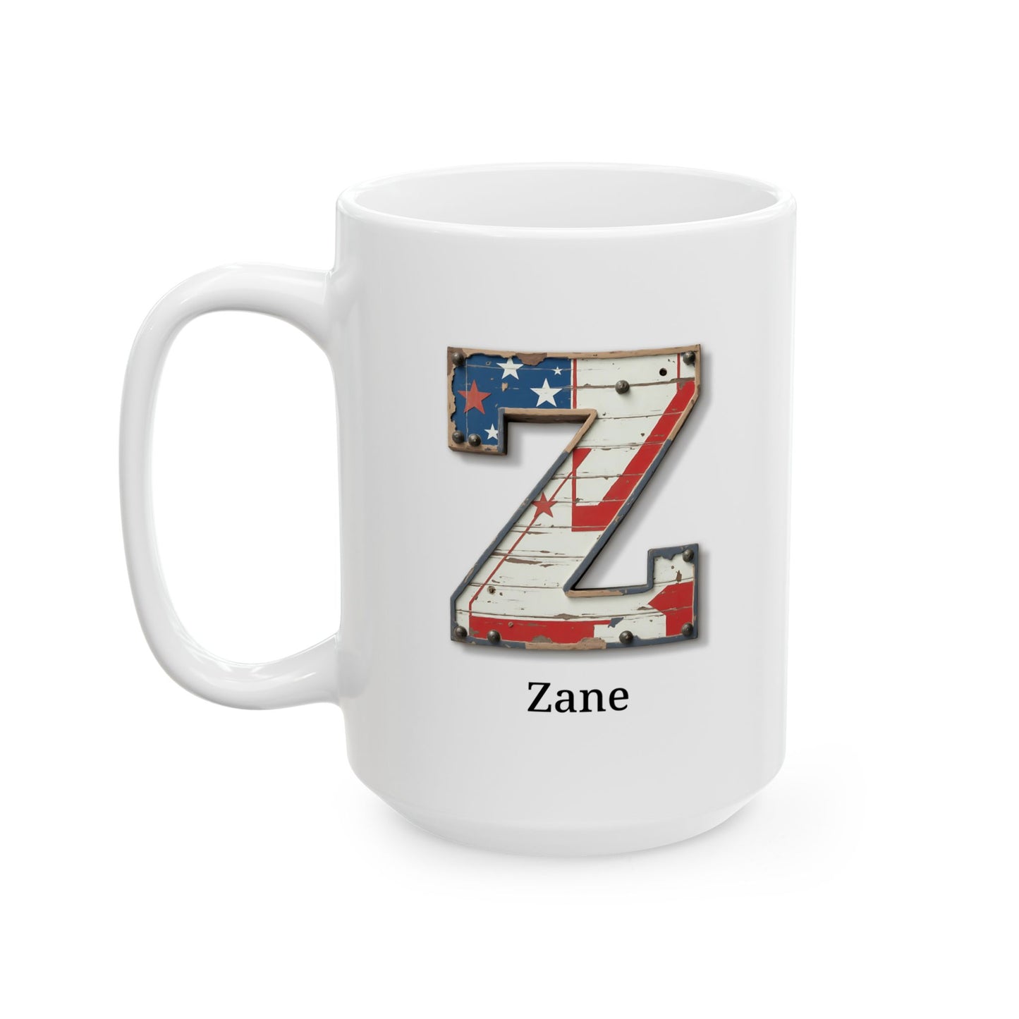 White Personalized USA Flag Initial Mug with Letter Z and Zane Name Gift for Men, Veterans, Patriotic Coffee Lovers