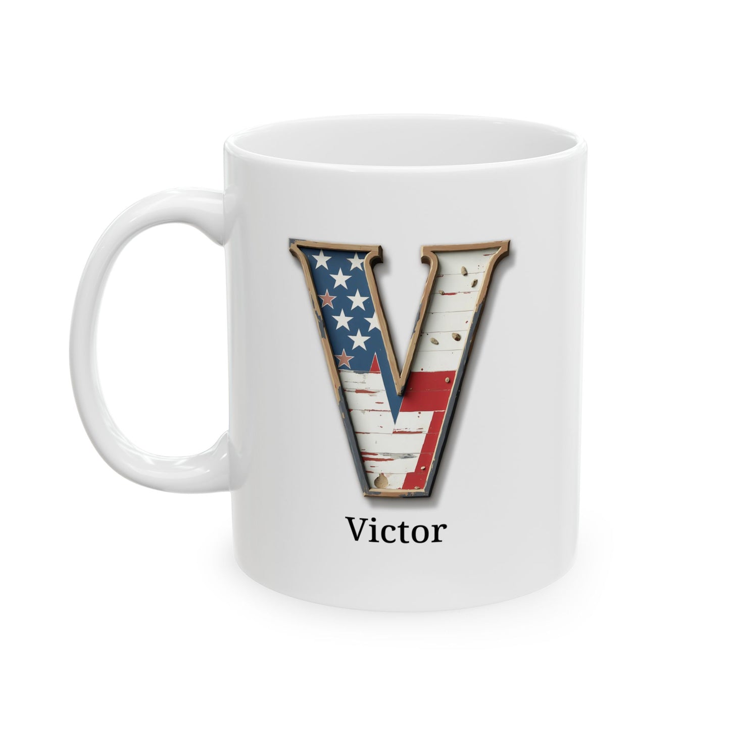 White American Flag Mug with Letter V and Name Victor Personalized Patriotic Coffee Cup Gift for Men Veterans or USA Flag Lovers