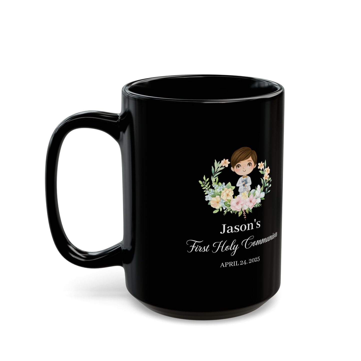 Custom Black Communion Mug for Boy – Personalized First Holy Gift