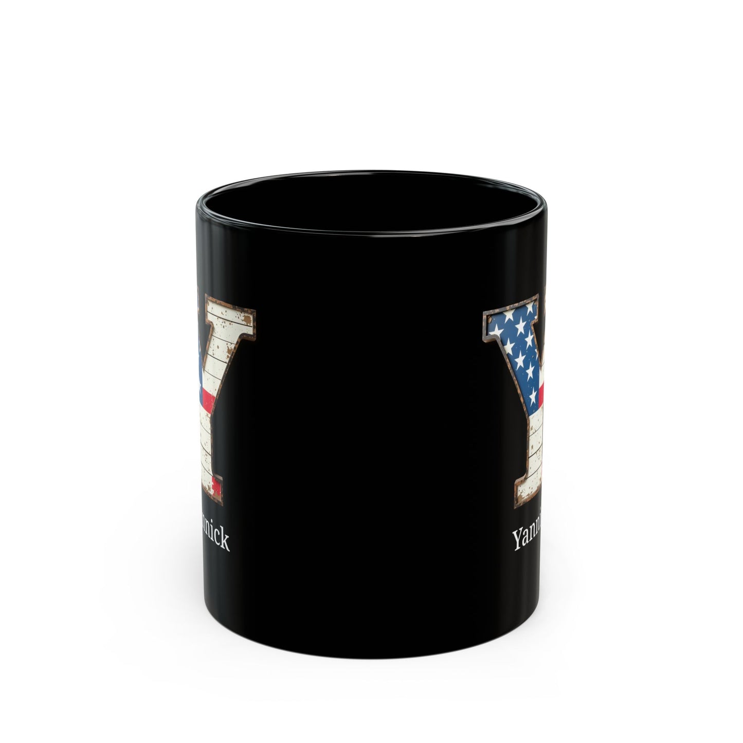Black Personalized USA Flag Initial Mug with Letter Y and Yannick Name Gift for Men, Veterans, Patriotic Coffee Lovers