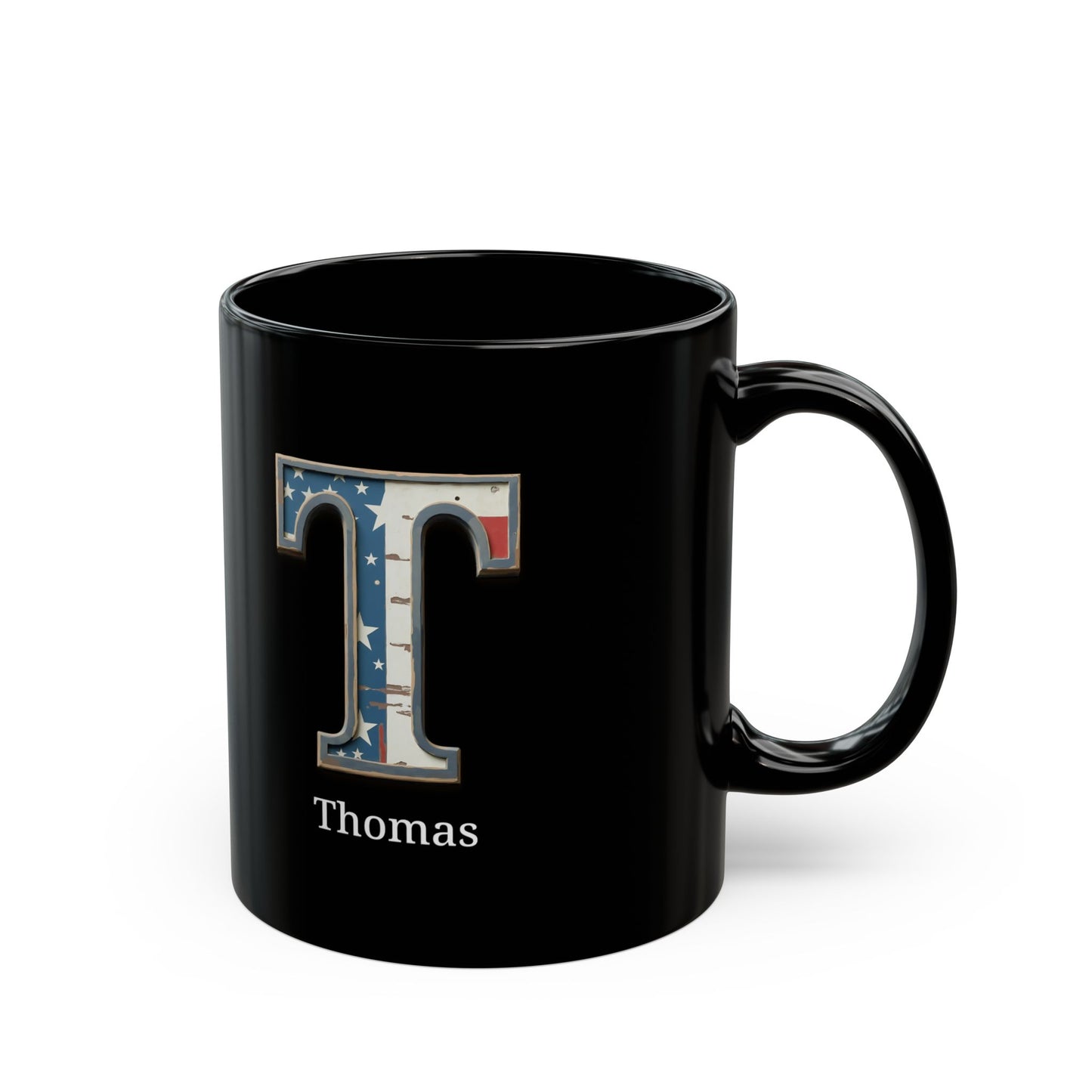 Black American Flag Mug with Letter T and Name Thomas Personalized Patriotic Coffee Cup Gift for Men Veterans or USA Flag Supporters