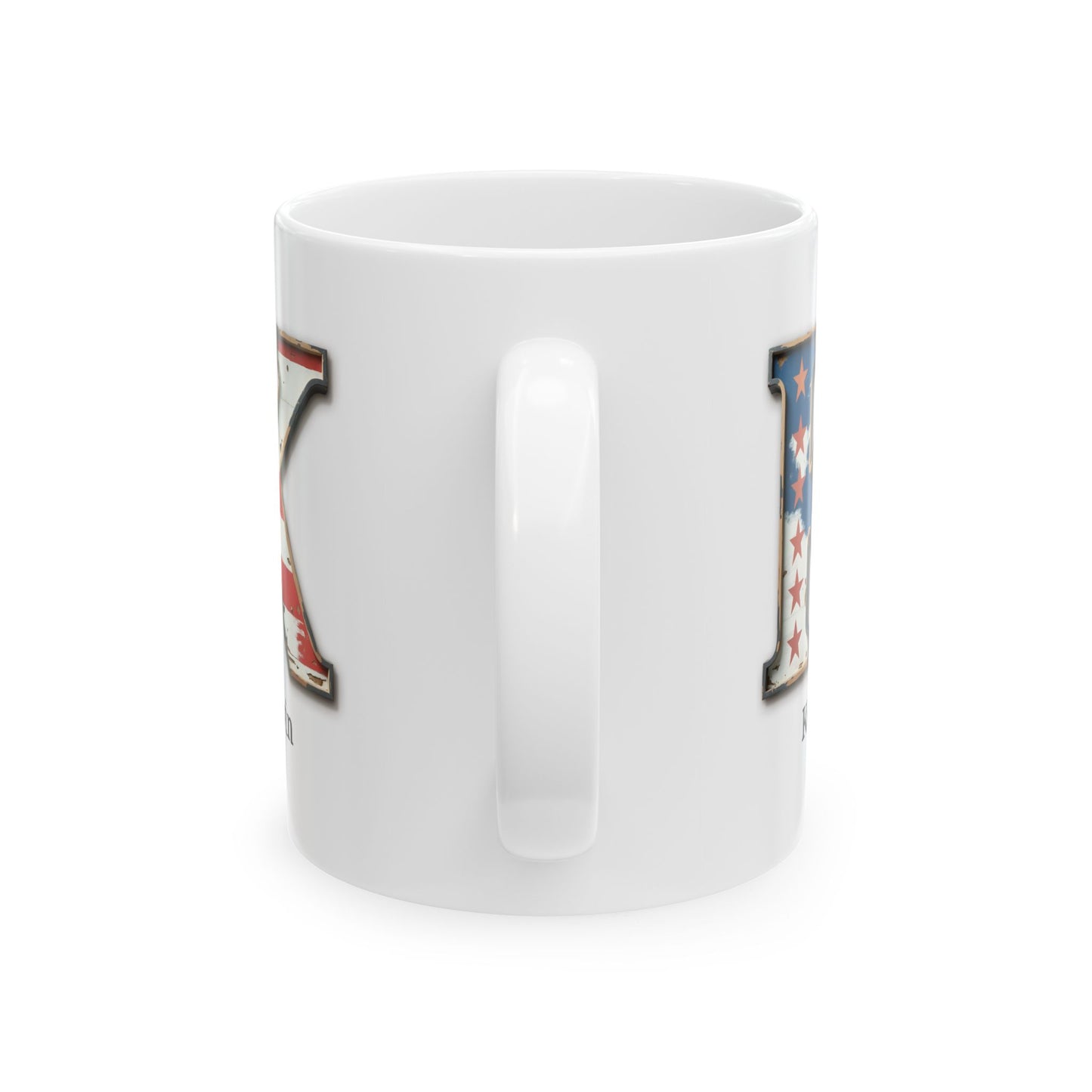 White Patriotic Initial Mug with Letter K and Name Kevin Personalized American Flag Coffee Cup Gift for Men, Veterans, or USA Supporters