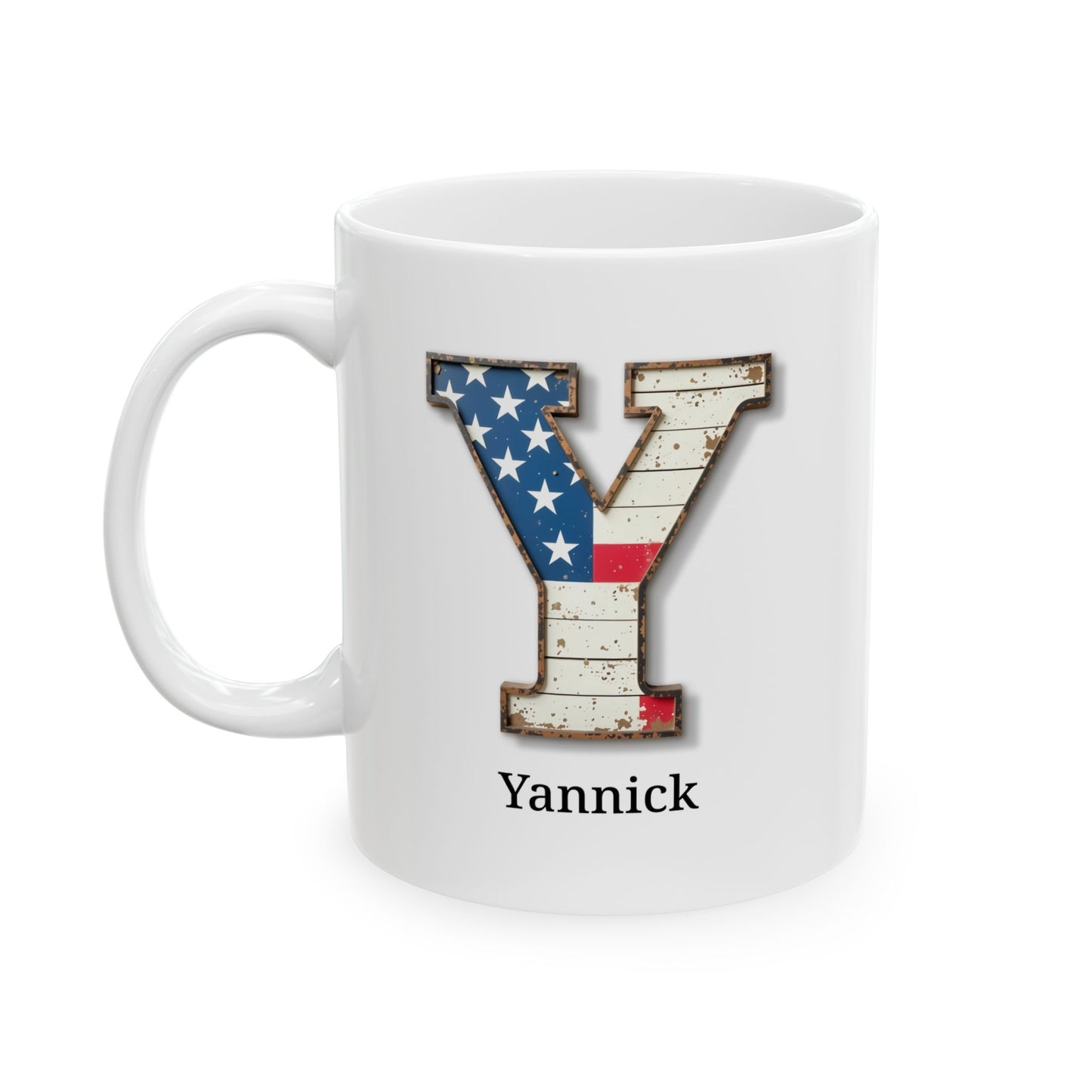 White Personalized USA Flag Initial Mug with Letter Y and Yannick Name Gift for Men, Veterans, Patriotic Coffee Lovers